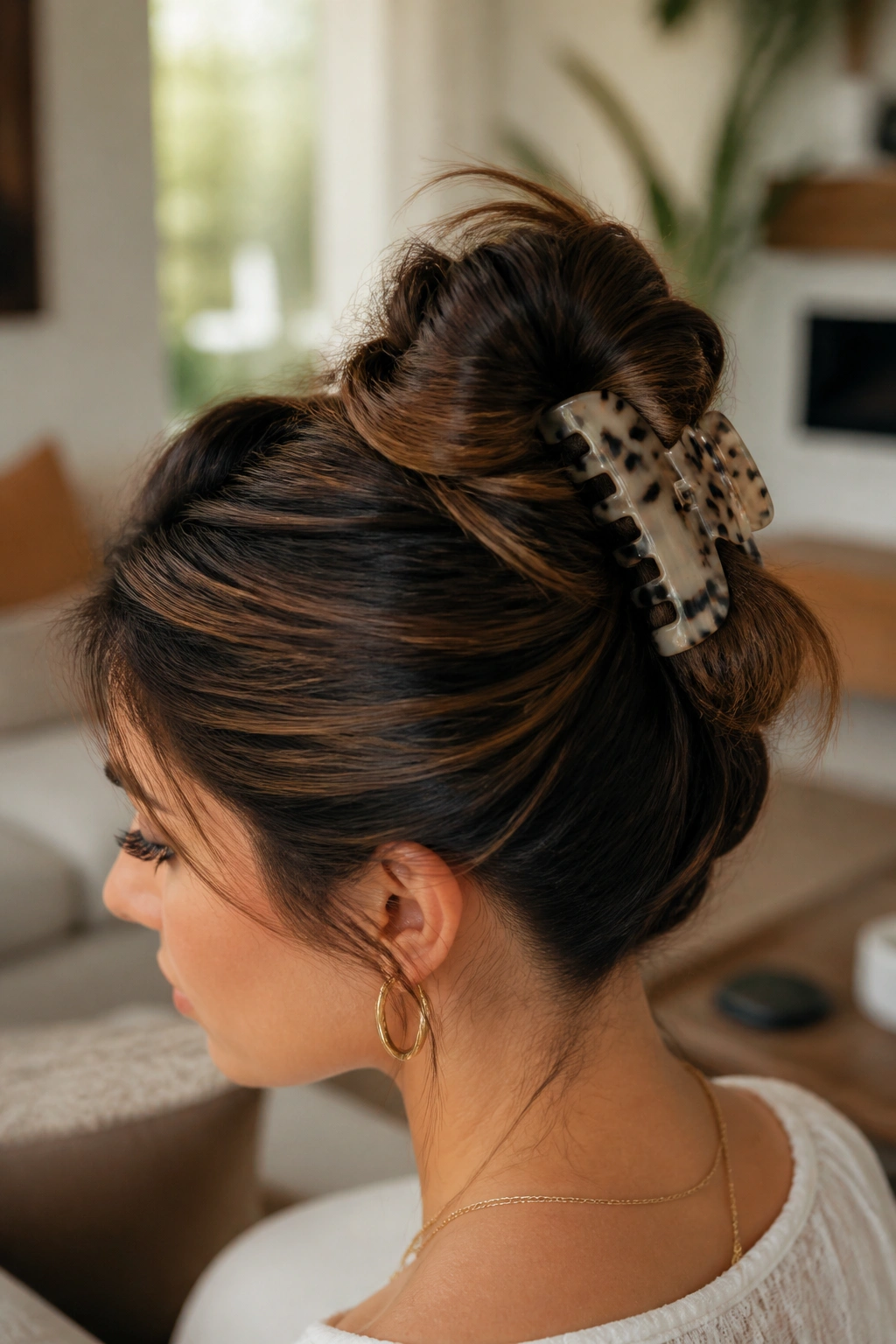 Close-up portrait of a real woman with a claw-clip top knot, clip visible at crown