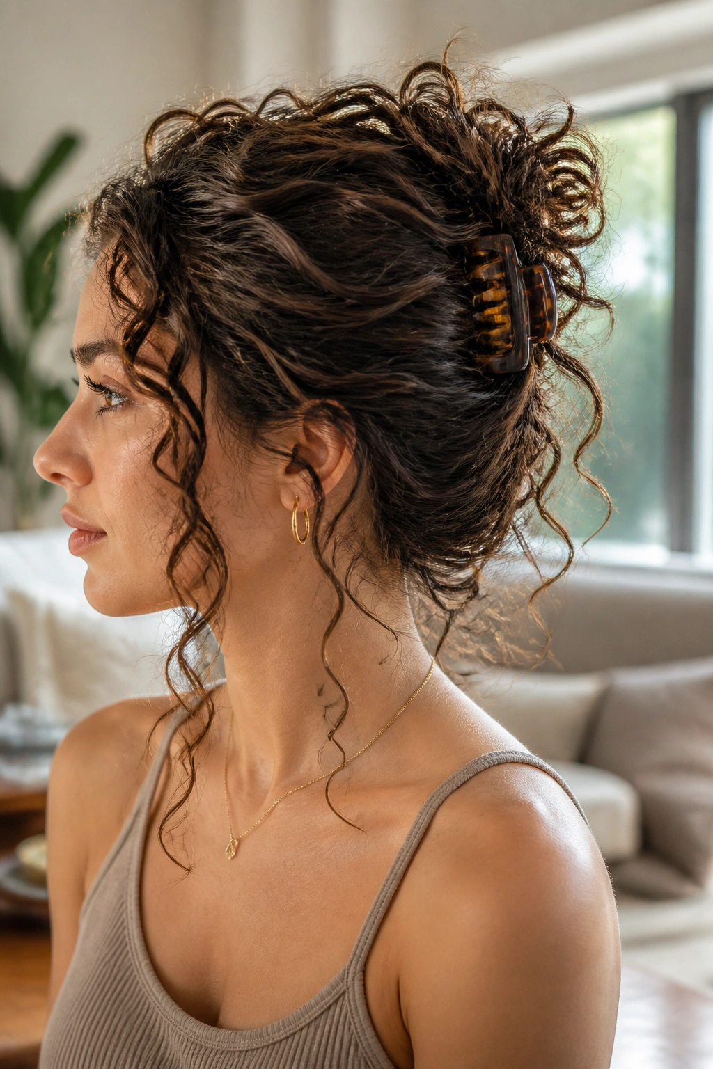 Close-up portrait of a real person with a claw clip securing a twist hairstyle, soft daylight