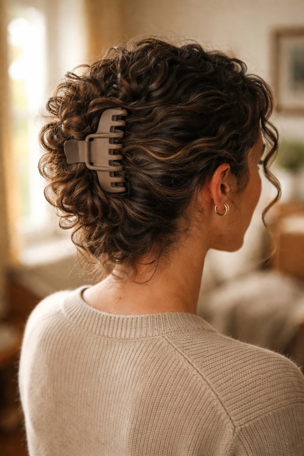 Close-up of a real woman with a claw-clip French twist for thick curls