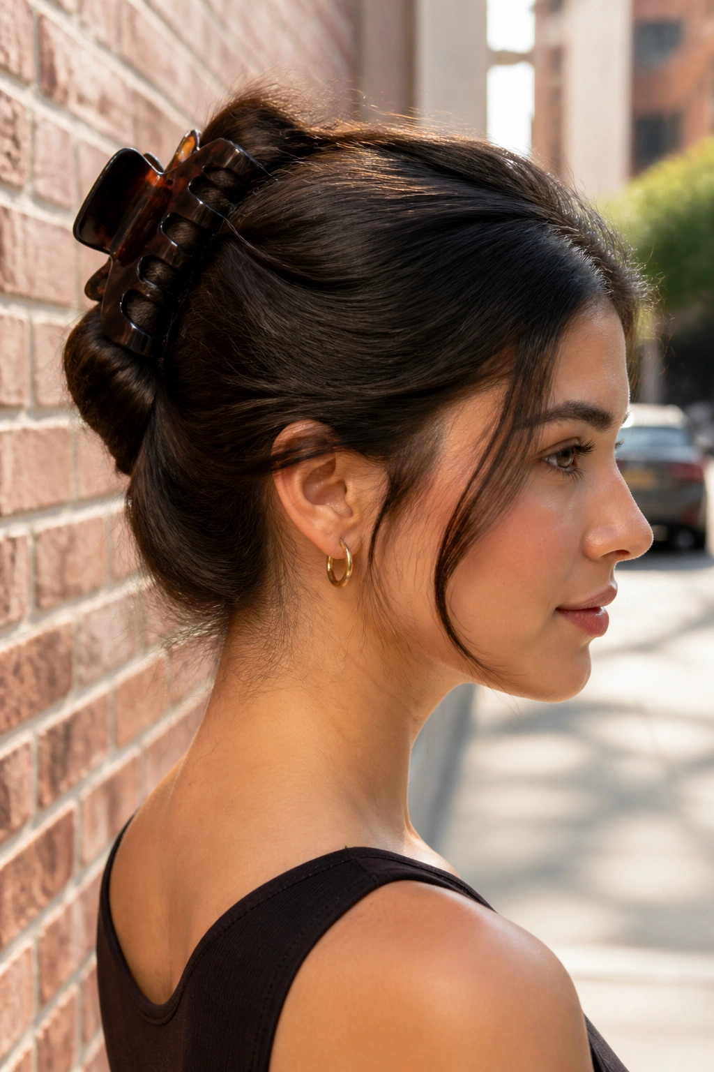 Close-up of a real woman with a claw-clip twist secured at the crown in natural light