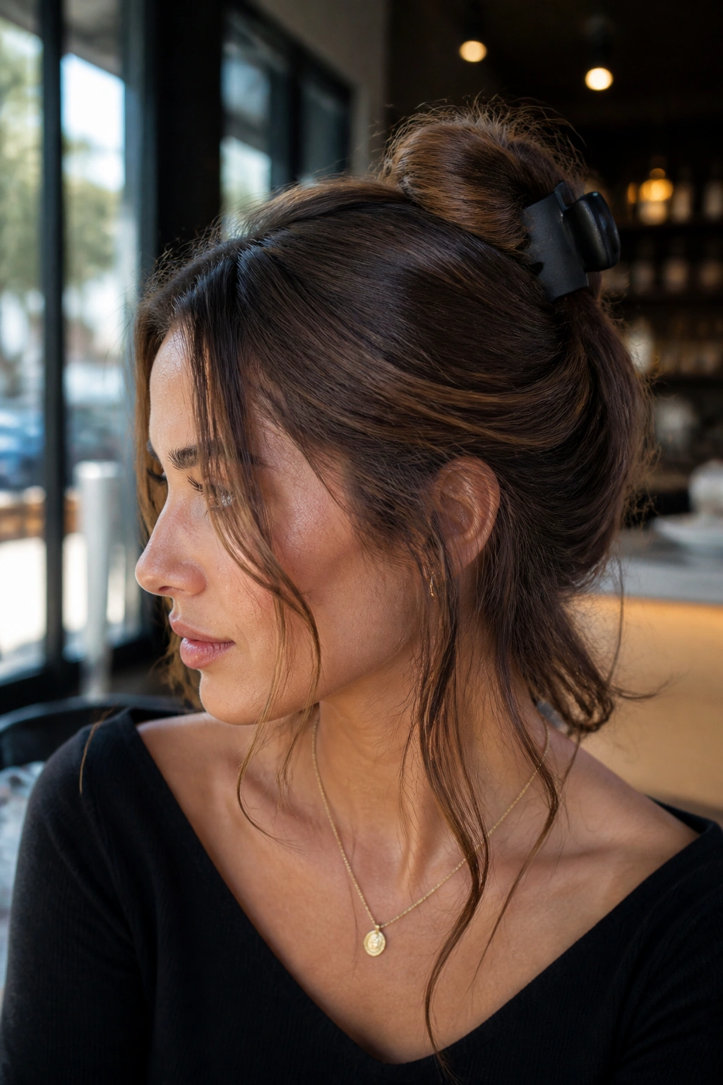 Close-up of a real woman with a claw-clip twist hairstyle.