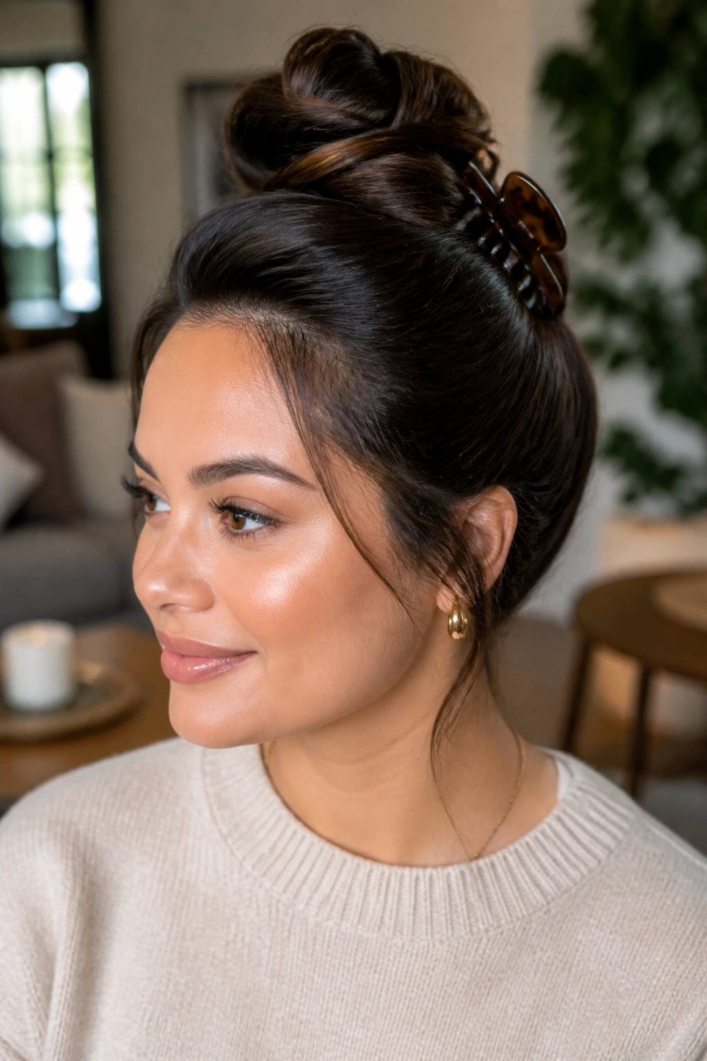 Portrait of a real woman wearing a high claw-clip twist hairstyle.