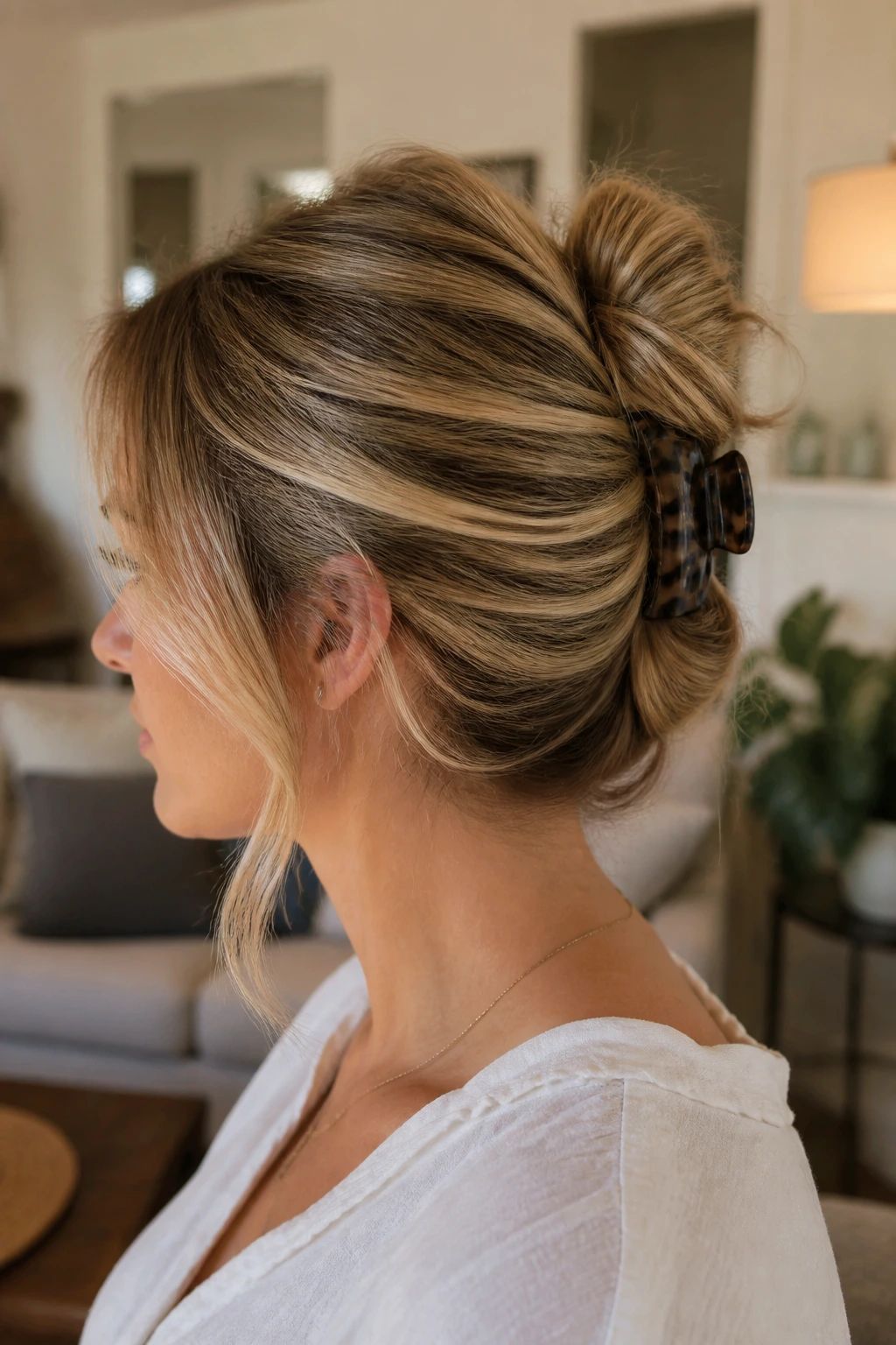 Close-up of a real person showing a loose twist secured by a claw clip