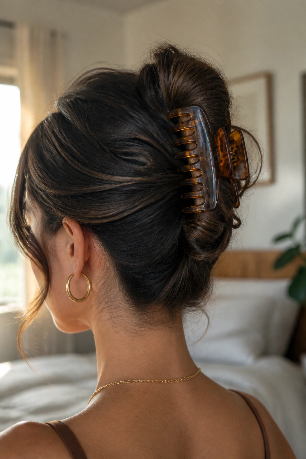 Close-up of real woman wearing claw-clip French twist in thick hair