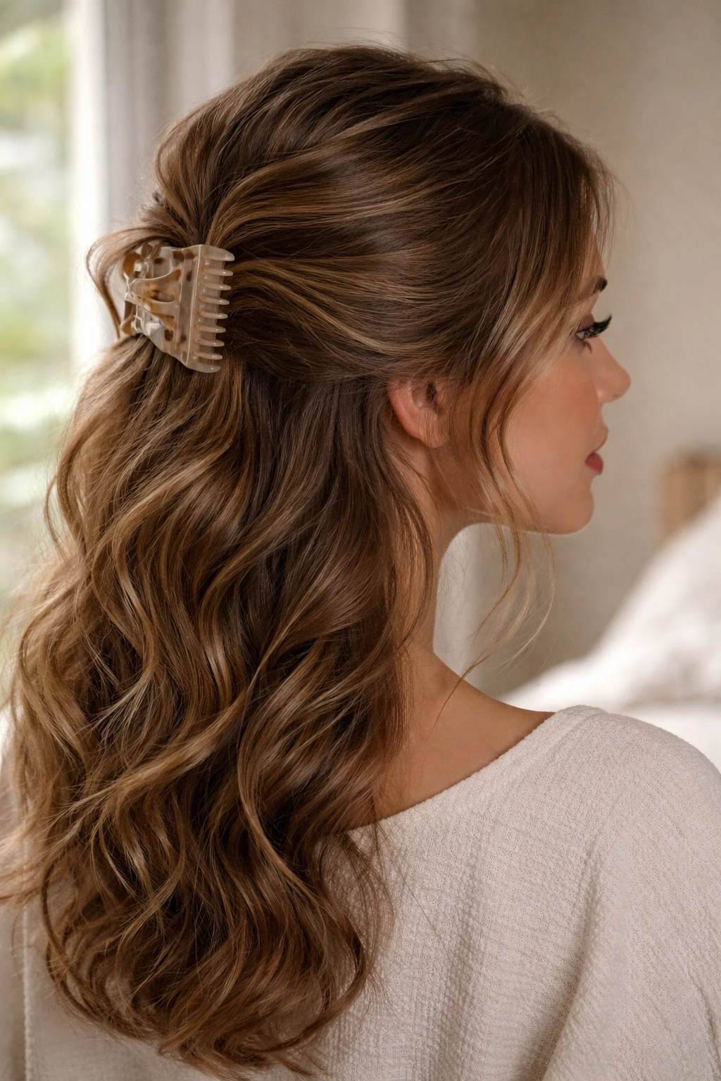 Close-up of real woman with claw-clip twist in wavy hair