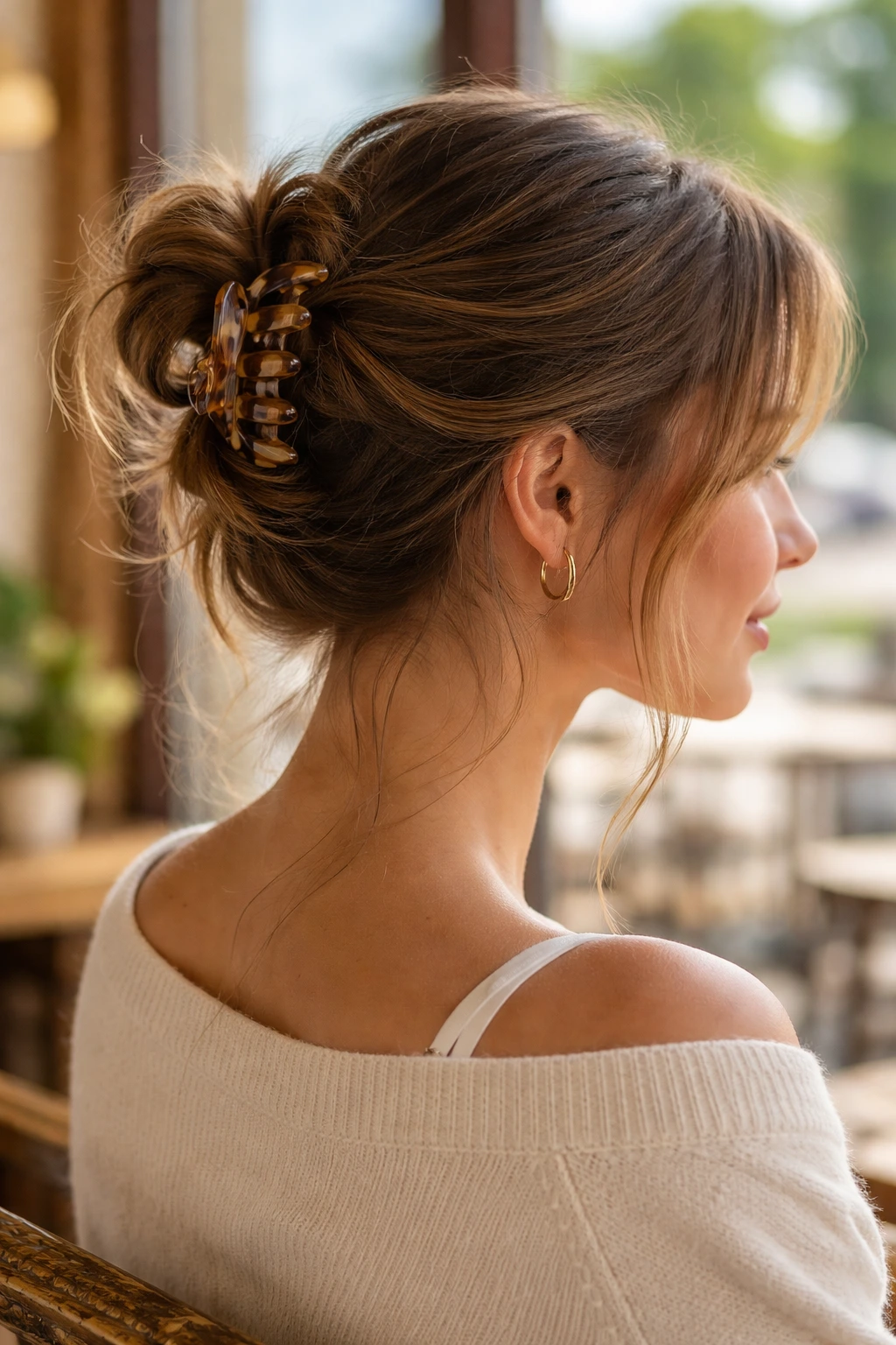 Close-up of a real woman with a claw clip messy updo in outdoor light
