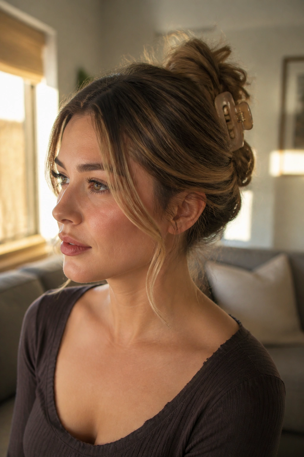 Close-up of a real woman with a claw-clip twist and wispy pieces at the temples.