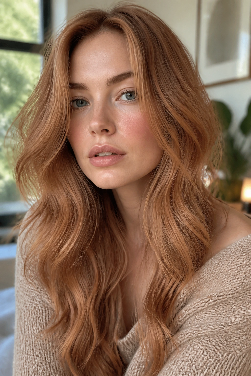 Close-up portrait of a woman with clay copper blonde hair in natural light