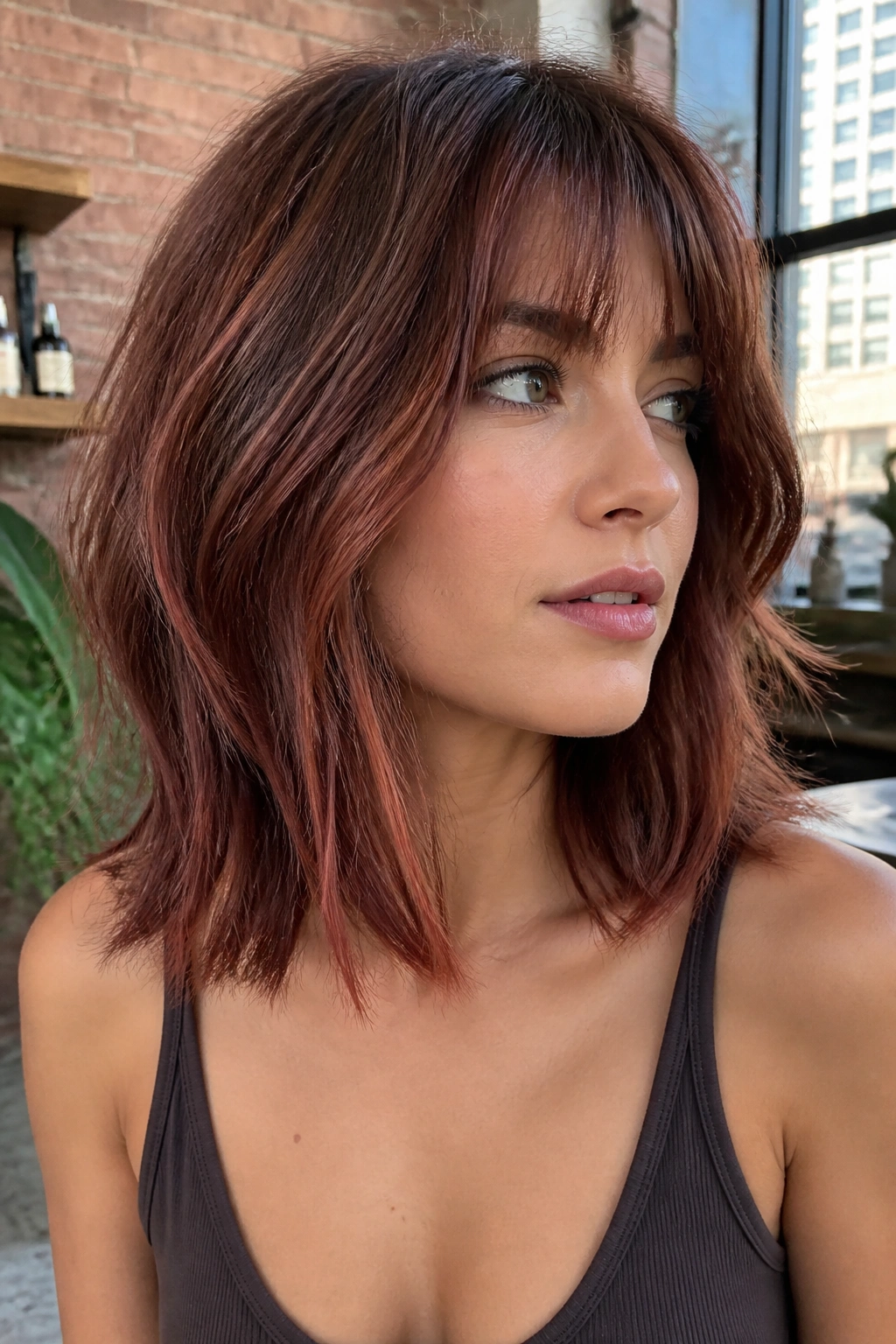 Dusty clay red dimension on brunette with textured cut