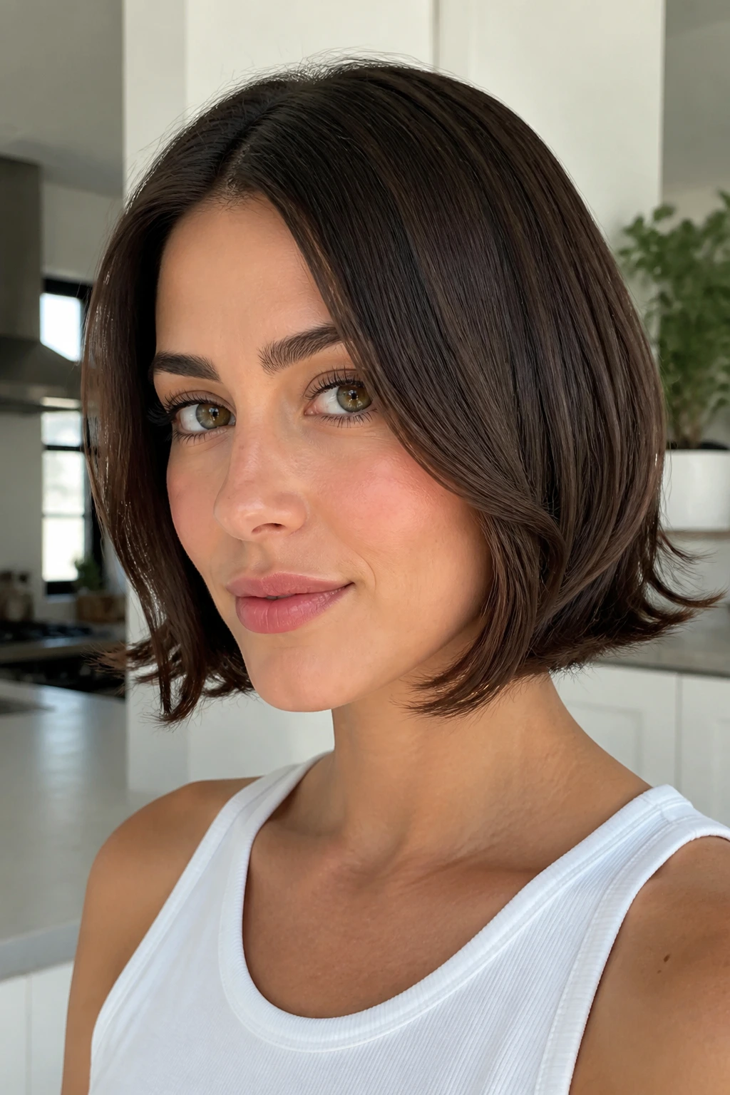 Portrait of a woman with a clean cropped bob and soft end flicks