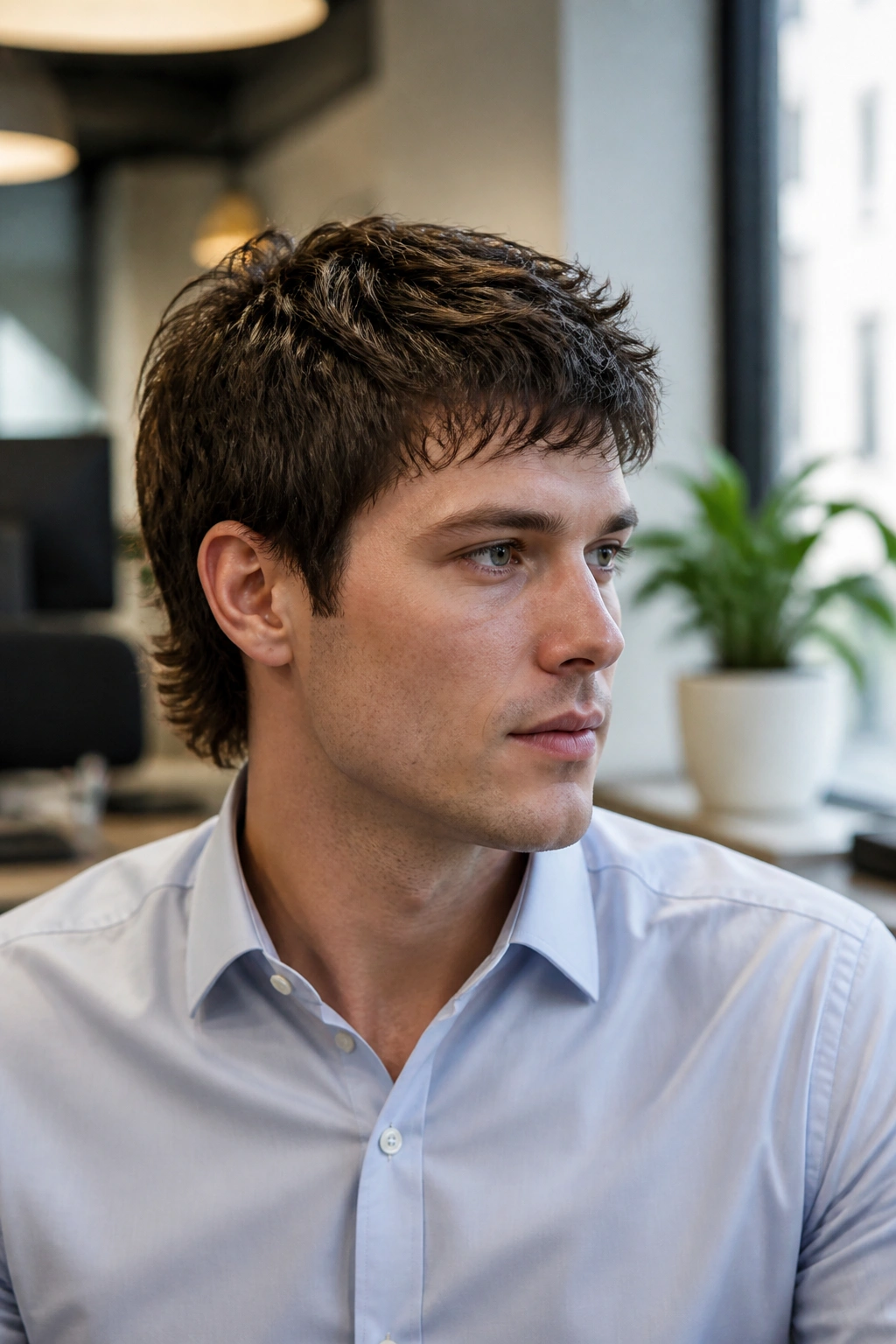 Medium close-up of a man with a clean office wolf cut in a modern office.