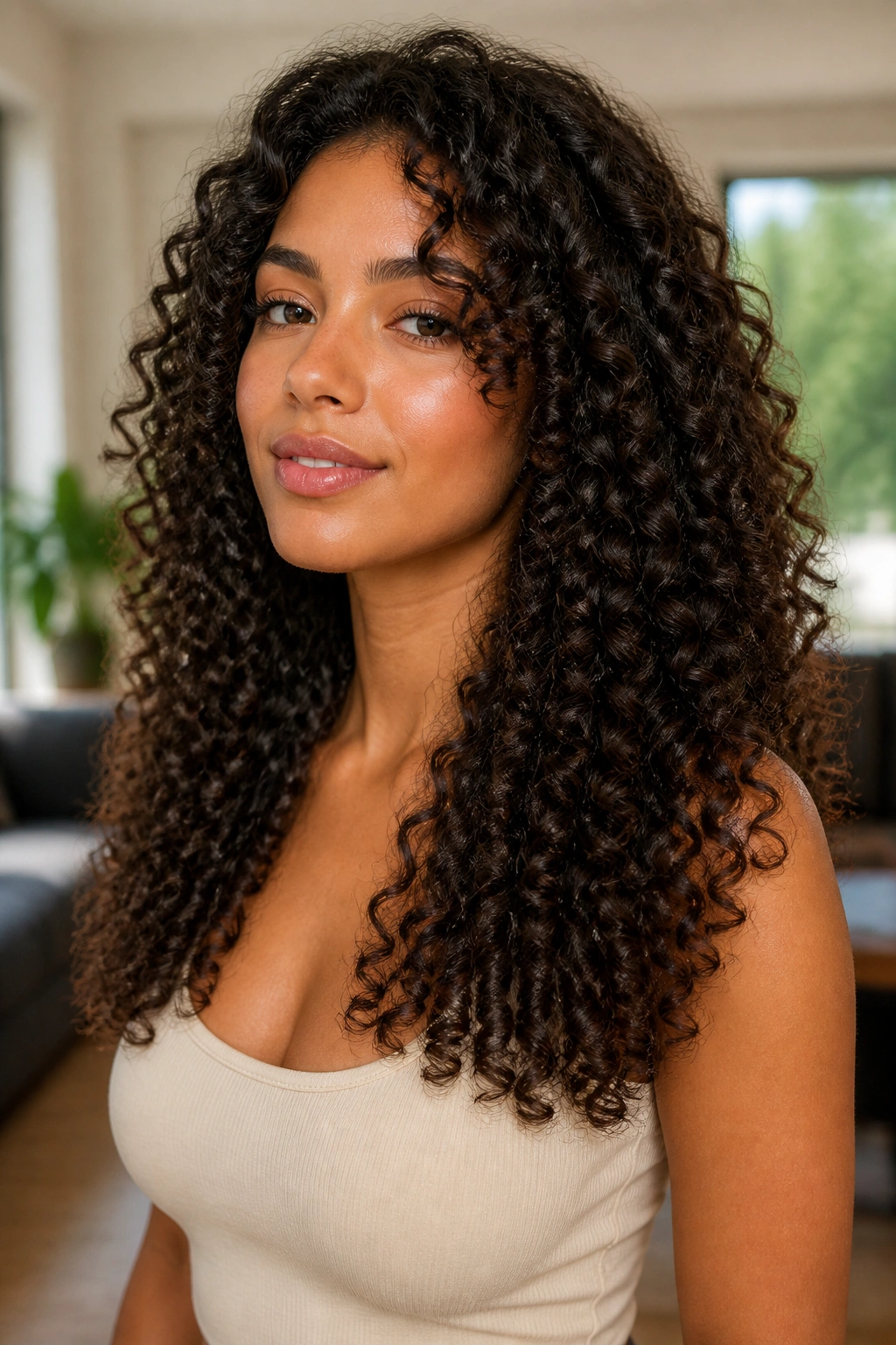 Close-up of a real woman with long curly hair featuring a strong end line