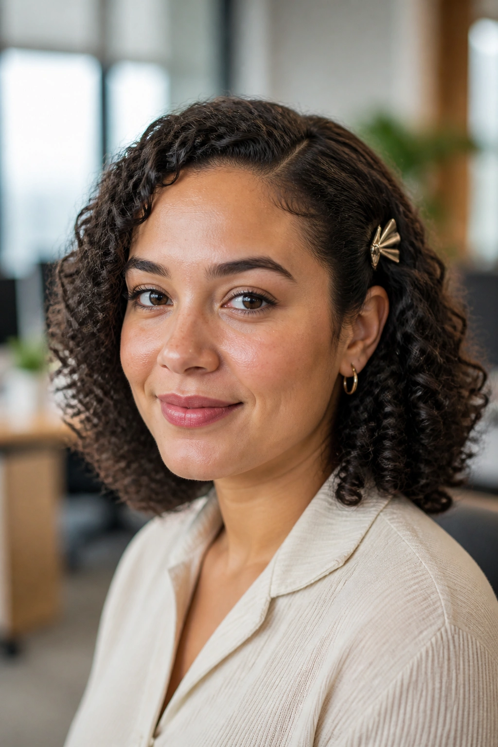Real woman with clipped-back curls and side part in modern office daylight.