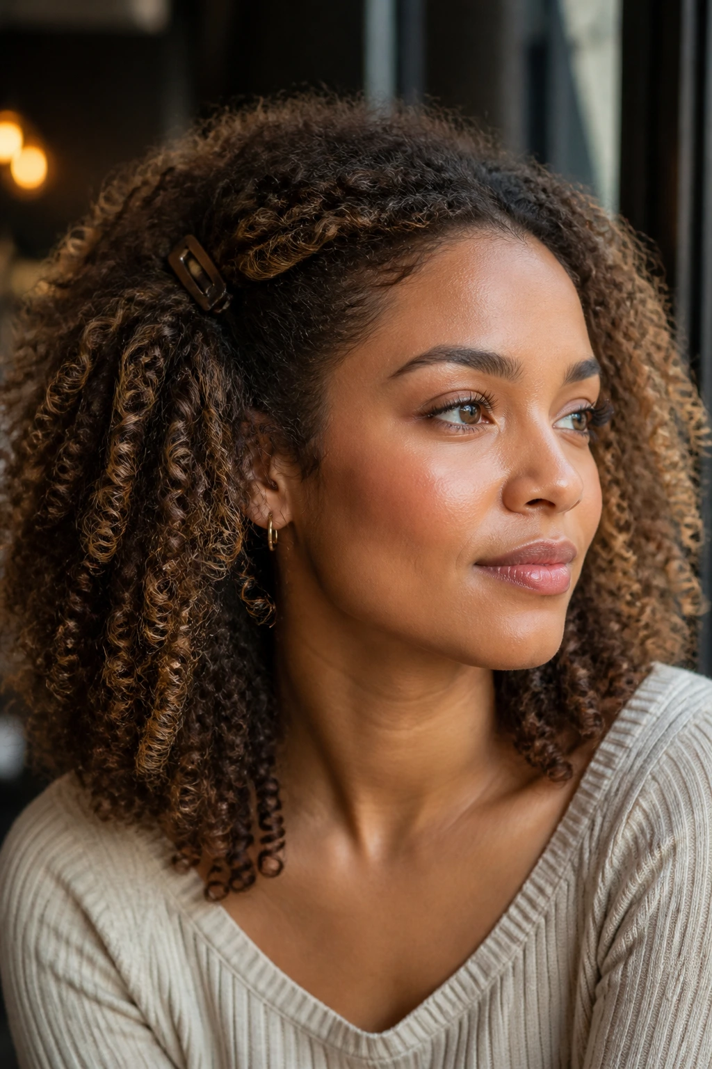 Close-up of real person with clipped-back face frame hairstyle.