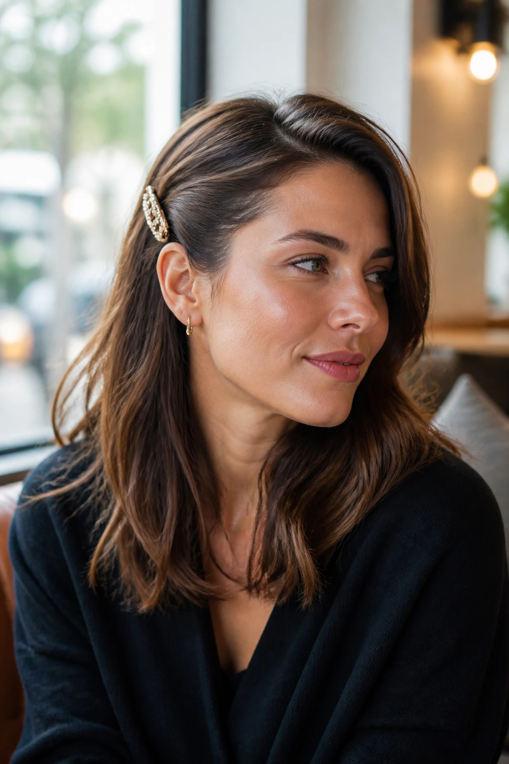 Close-up of a real woman with Clipped-Back One-Side Tuck