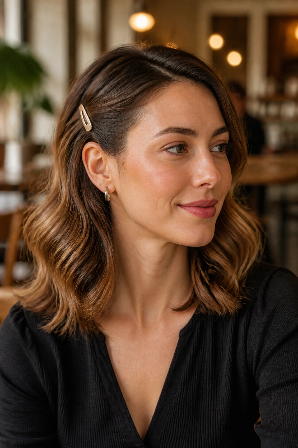 Portrait of real person with clipped-back waves showing side pinned hair