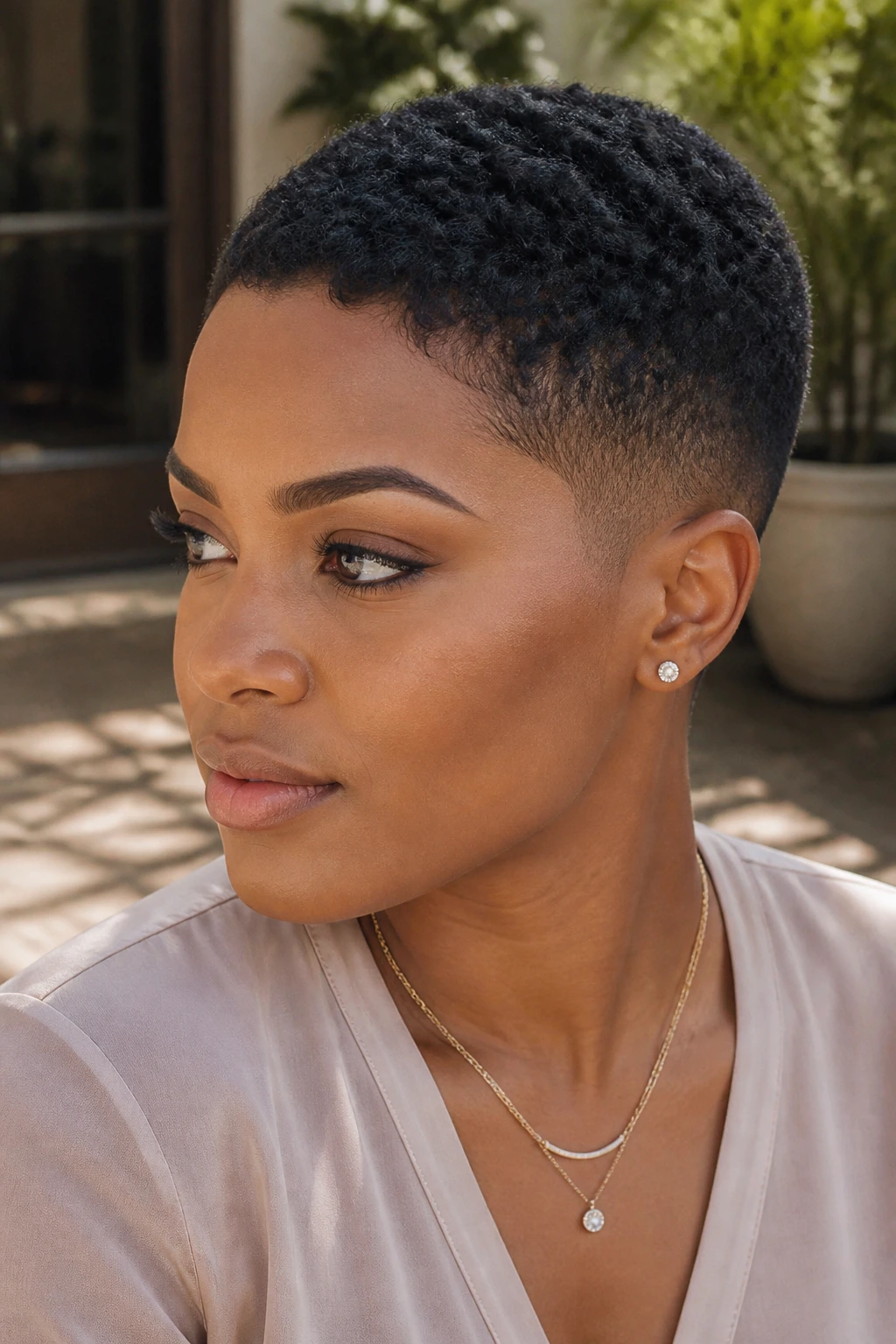 Close-up of a Black woman with a close crop pixie and soft temple fade