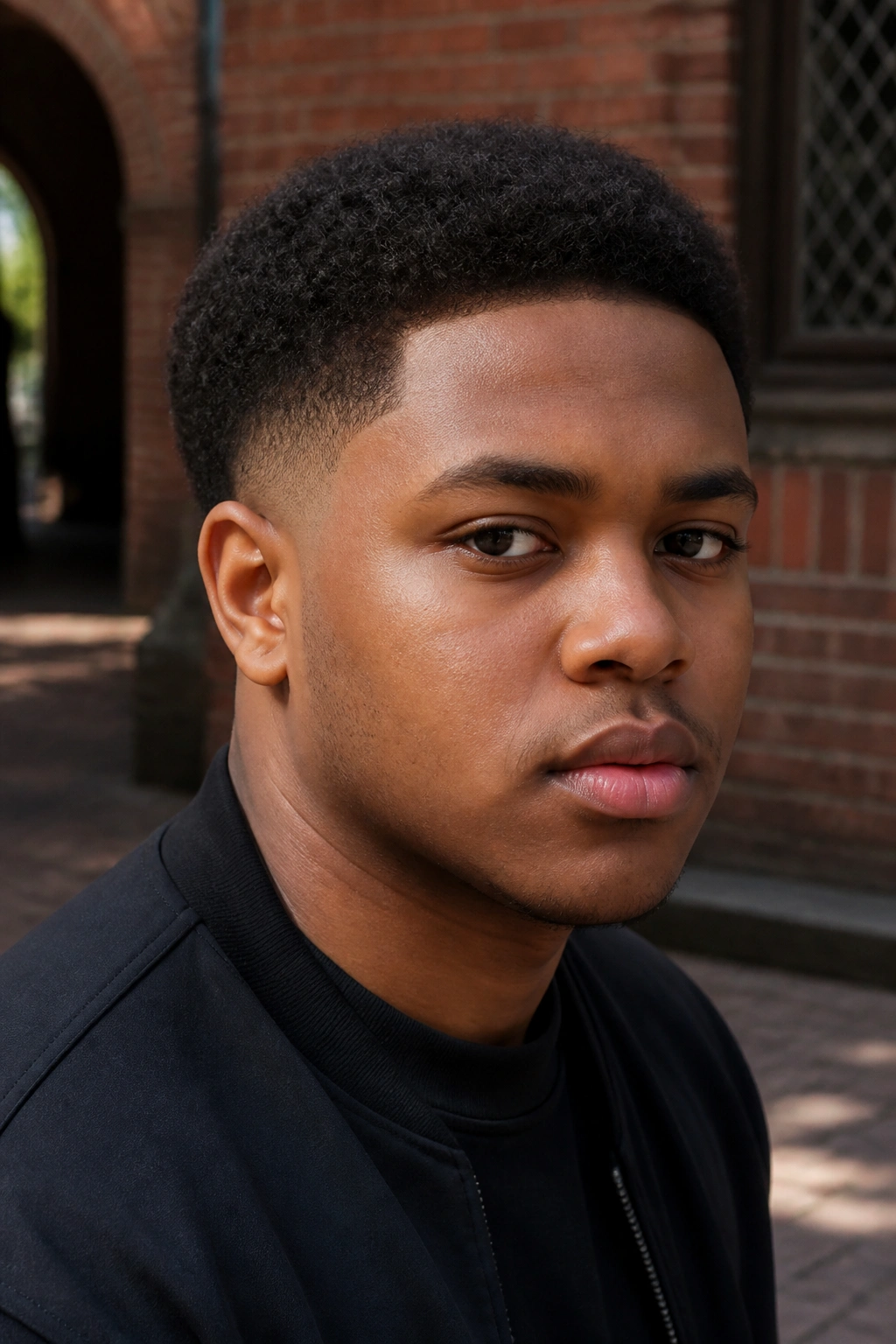 Close-up portrait of a real person with a close-cropped afro and neat taper.