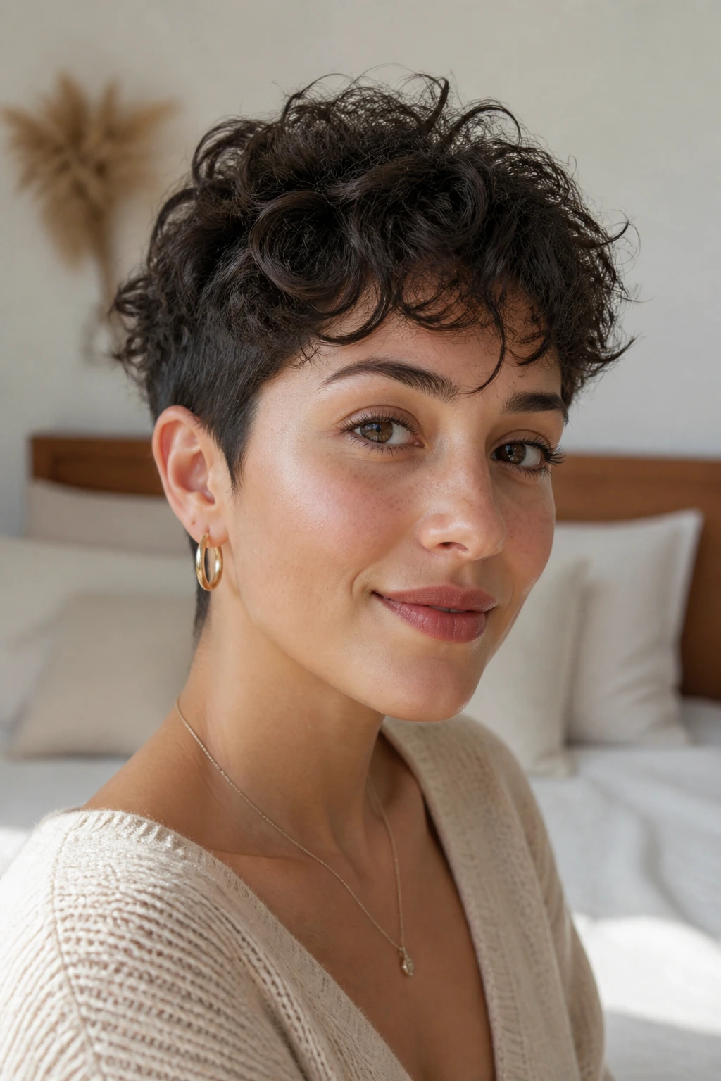 Real woman with close-cropped curly pixie and wispy bangs