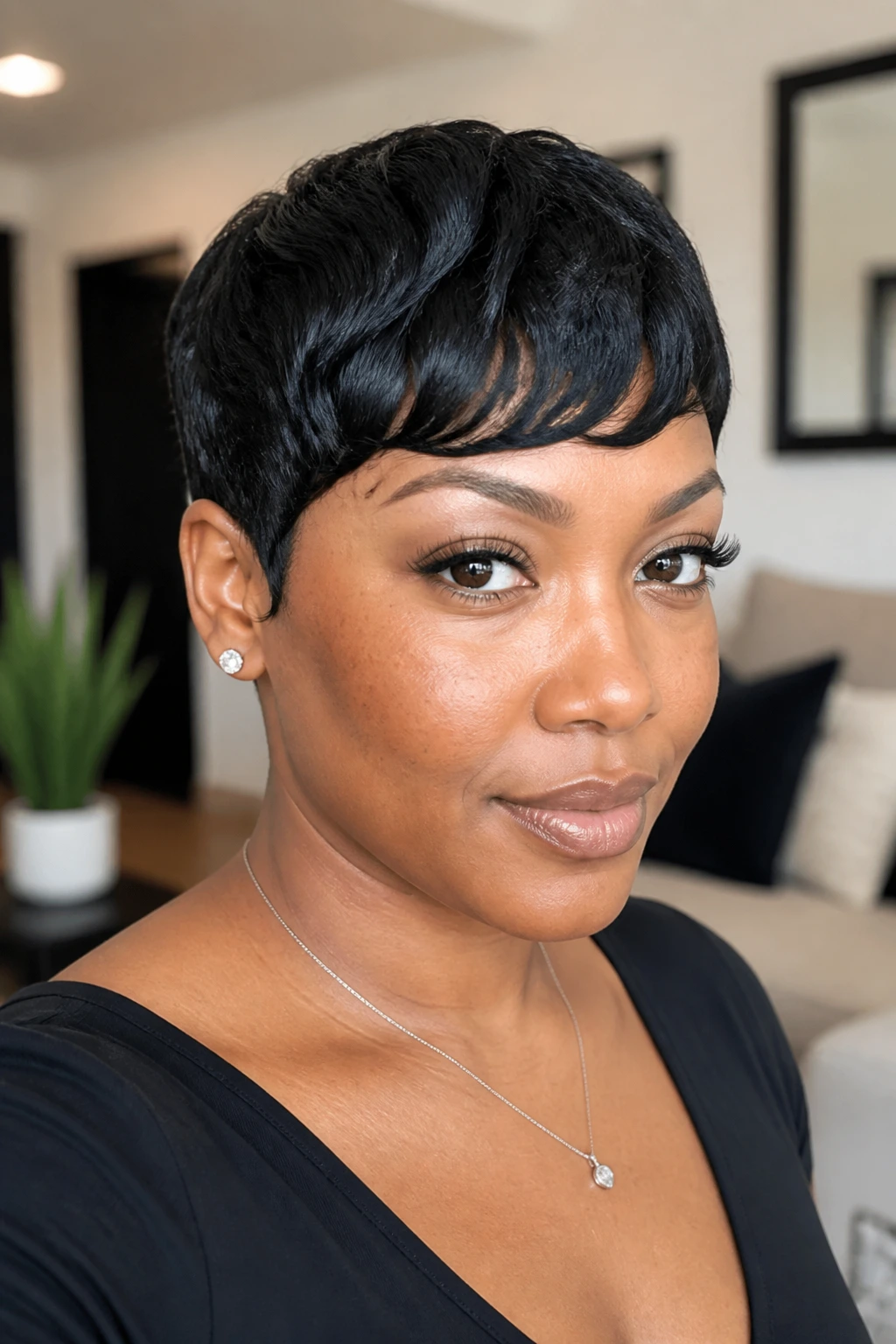 Close-up portrait of a real woman with a clean close-cut pixie and curved fringe.
