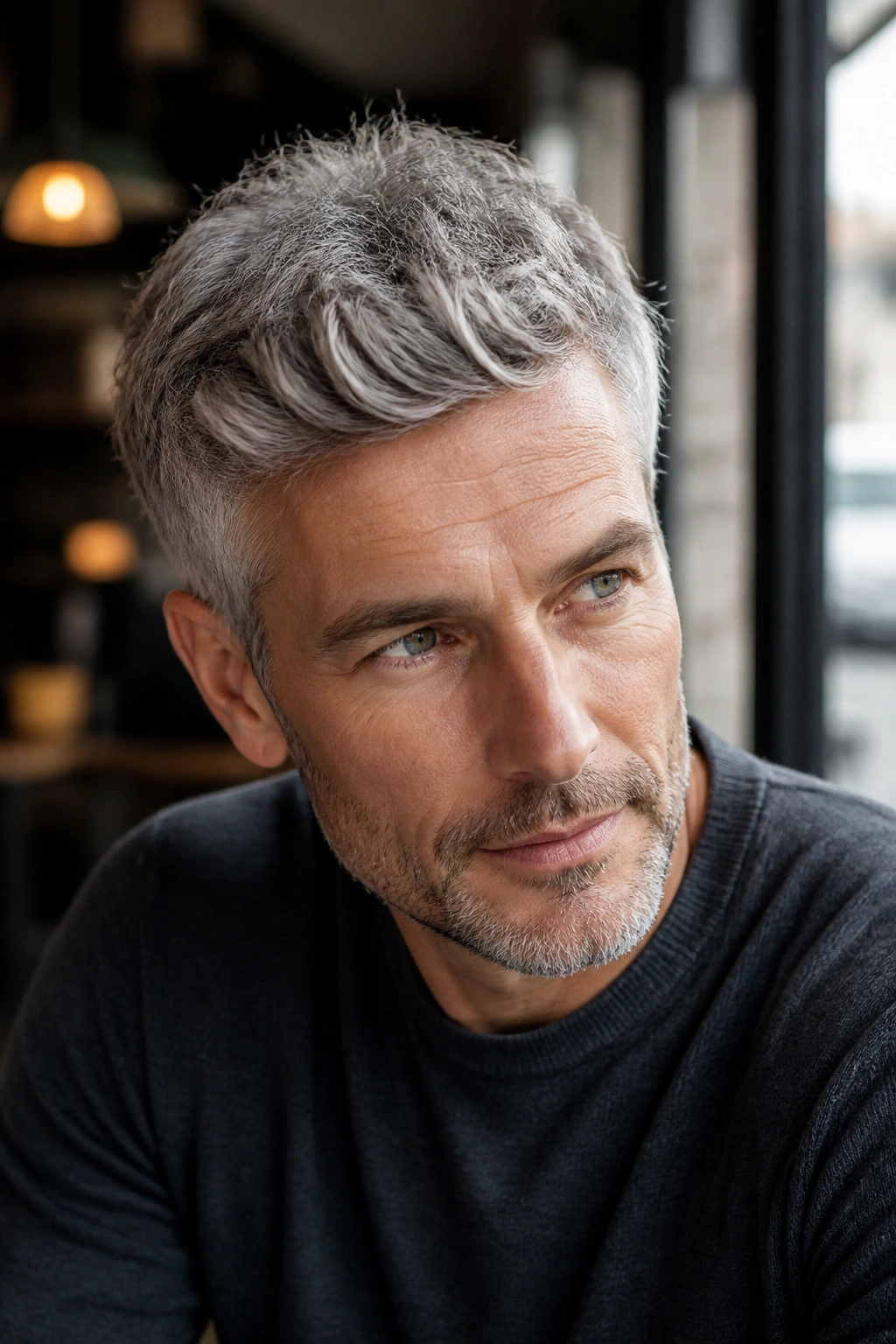 Man with cloud gray hair and darker lowlights in a cafe setting