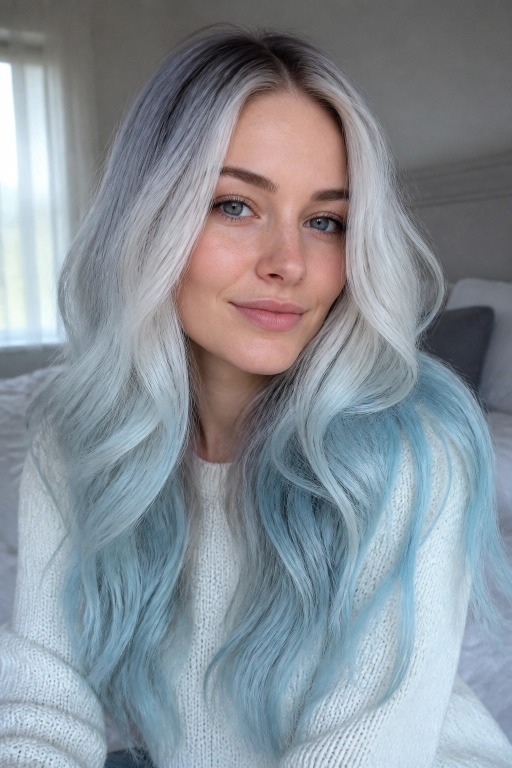 Close-up of a real woman with hazy cloud ombre in soft white-blue tones