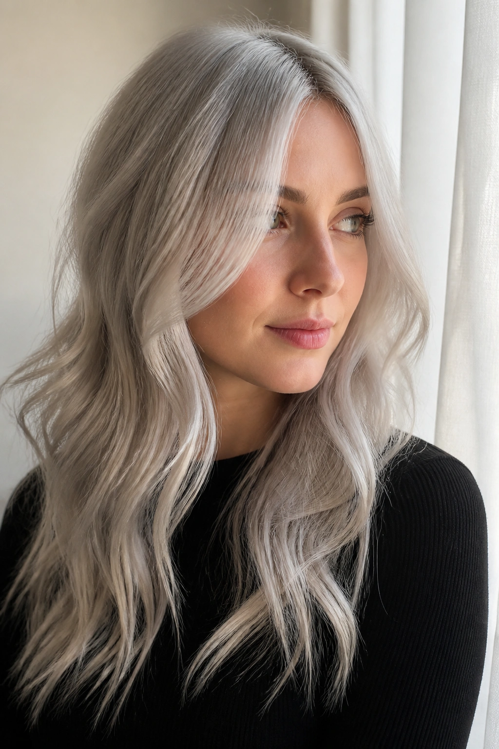 Close-up portrait of a real woman with translucent cloud-sheer silver blonde in soft light