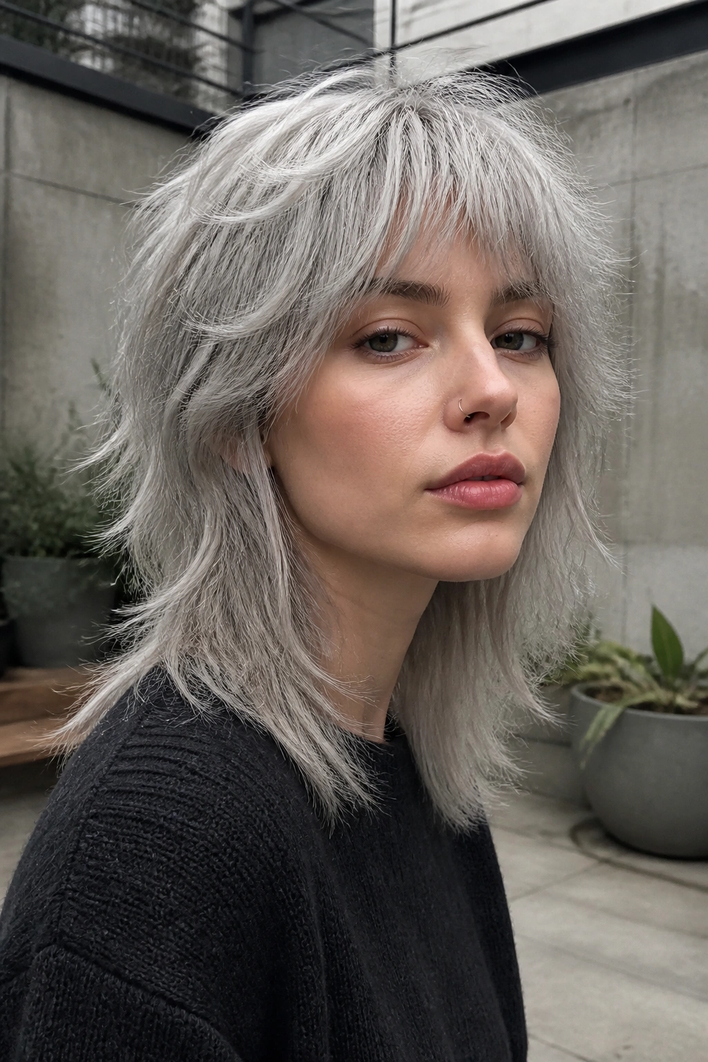 Close-up portrait of a real person with cloud silver shag hairstyle in an airy, cool-toned setting.