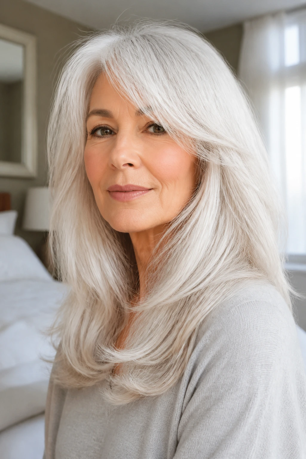Close-up of a woman with cloud white layered hair and soft movement