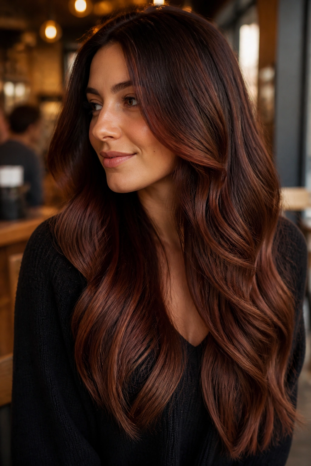 Real woman with clove-chestnut ombre long hair in cafe