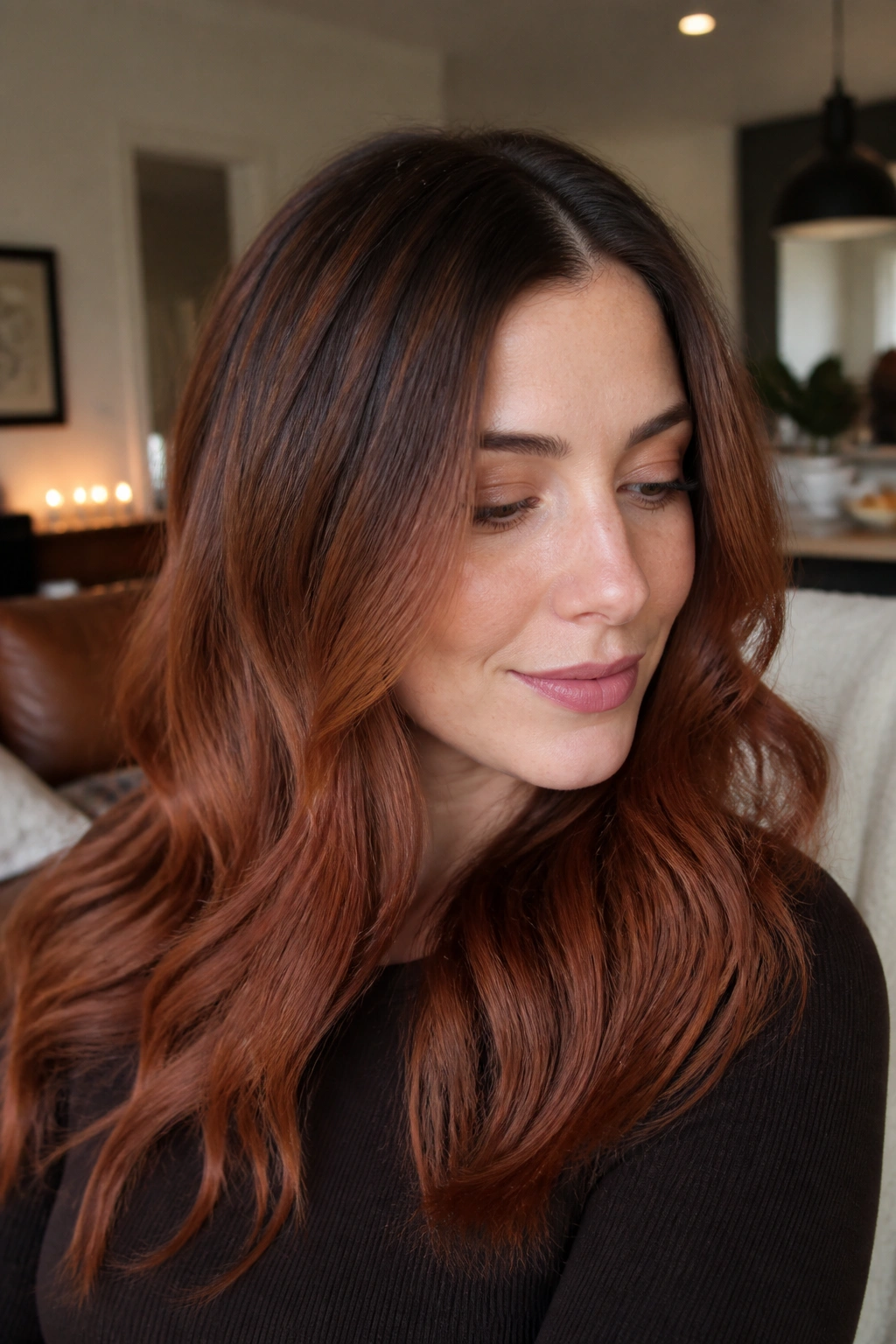 Close-up portrait of a real person with clove copper hair and neutral root melt in warm indoor light