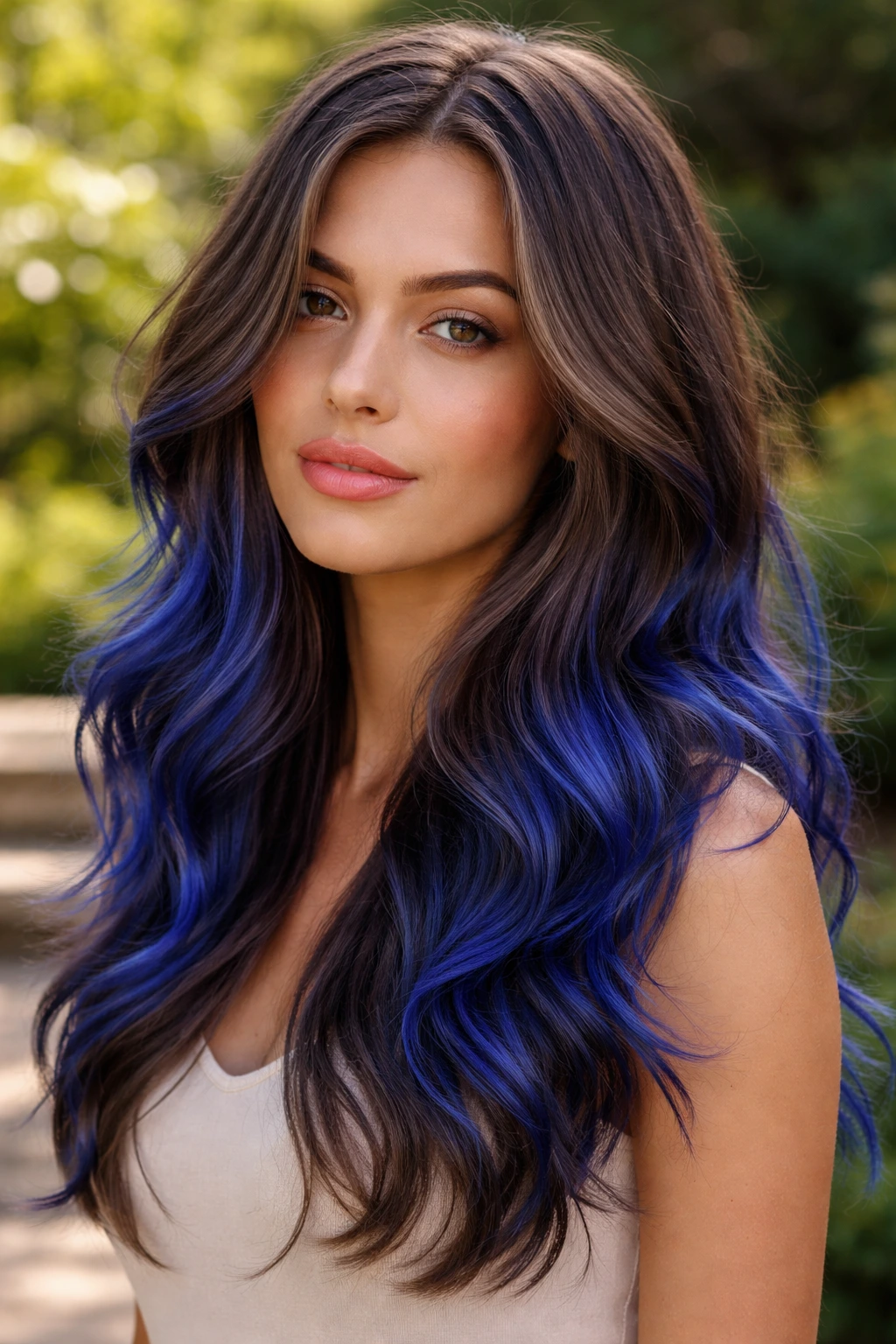 Close-up of a real person with cobalt balayage on mid-lengths and ends
