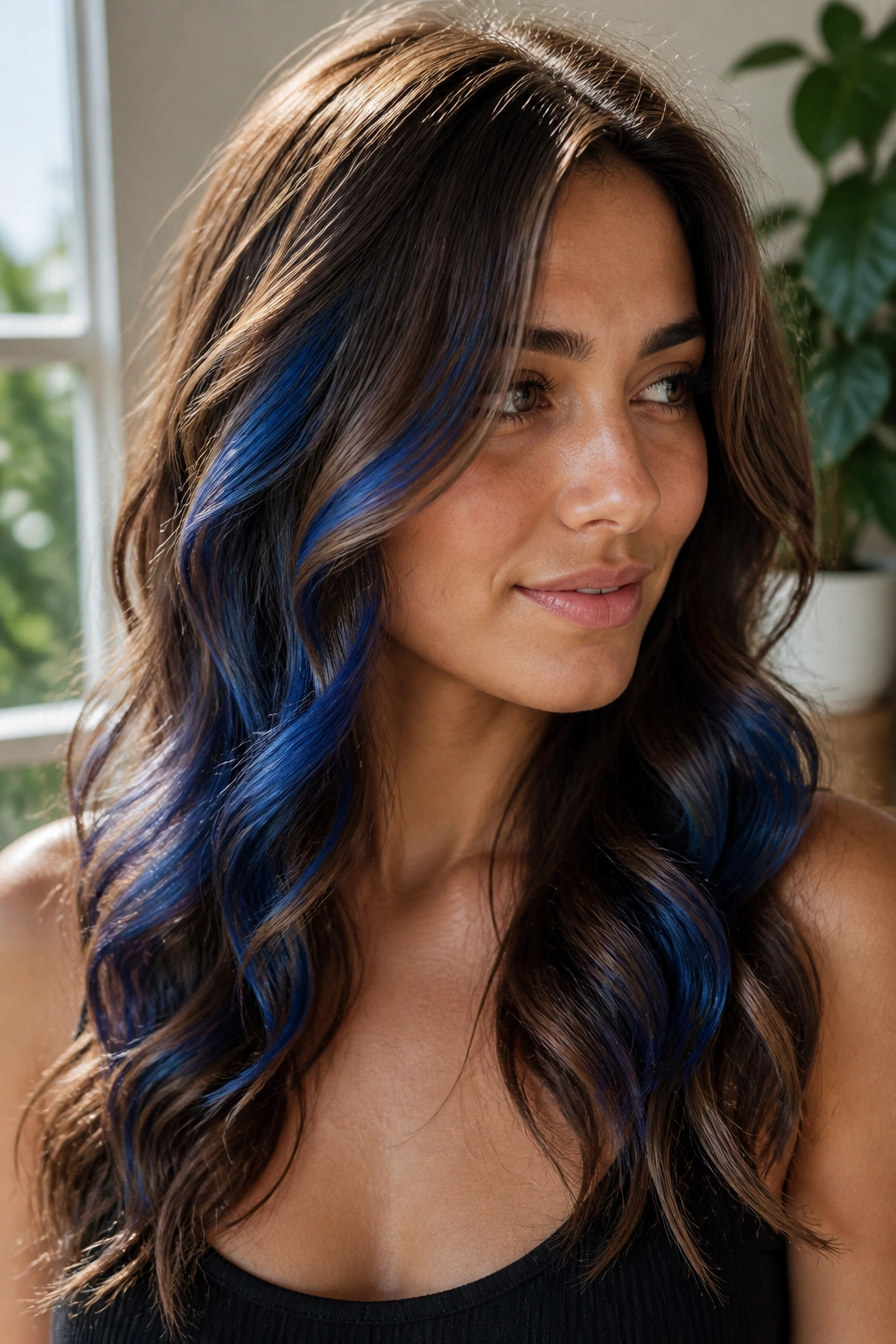 Medium close-up showing cobalt balayage ribbons woven through chestnut waves