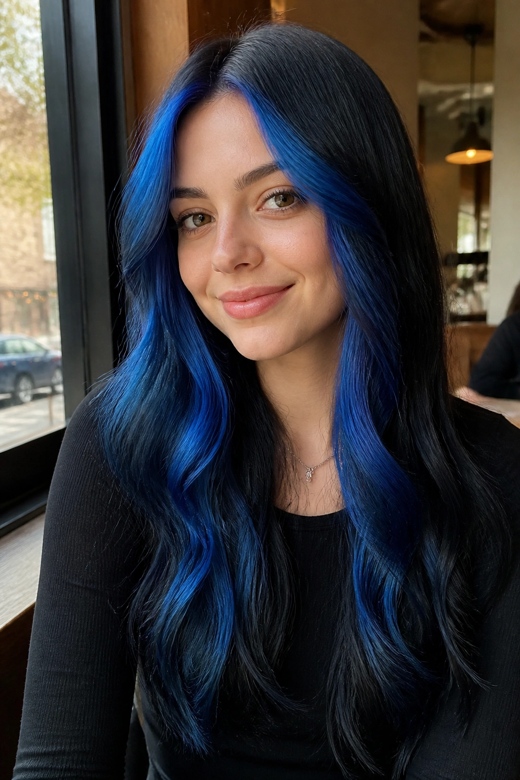 Portrait of cobalt blue face-framing ombre around the face.