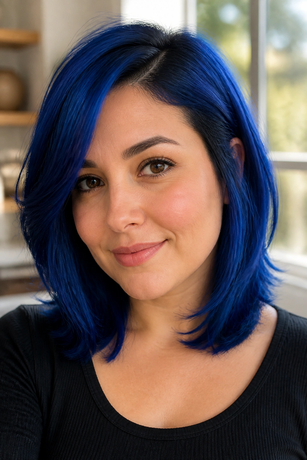 Close-up of a real woman with a cobalt blue side-parted lob hairstyle.