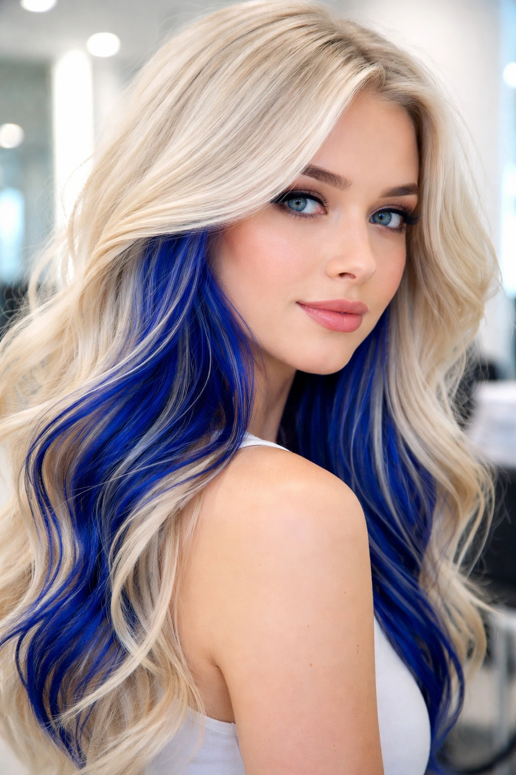 Close-up portrait of a real person with cobalt blue underlayer peeking through platinum blonde in a salon