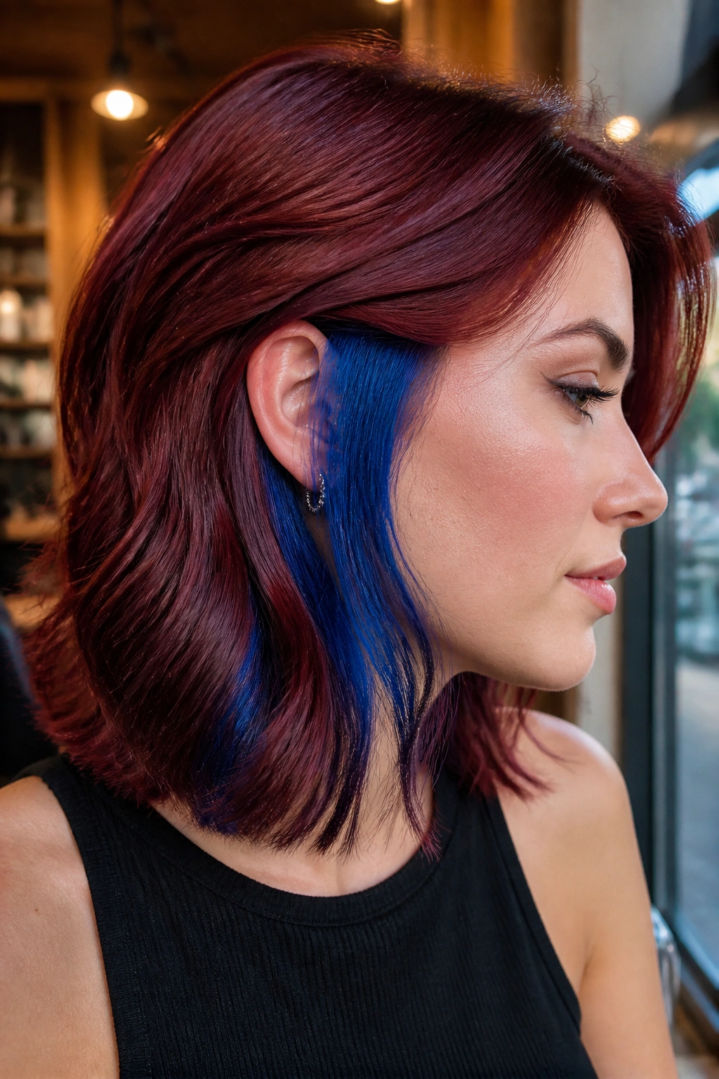 Real person with cobalt cherry peekaboo underlayer visible near the ear.
