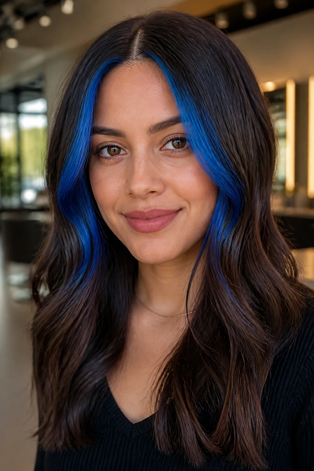 Close-up of real woman with cobalt face-framing balayage on brown hair