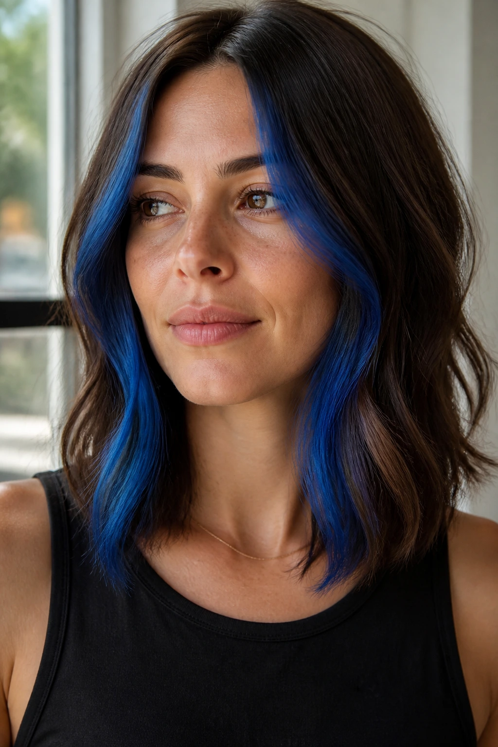 Medium brunette with cobalt face-framing pieces highlighting the face.