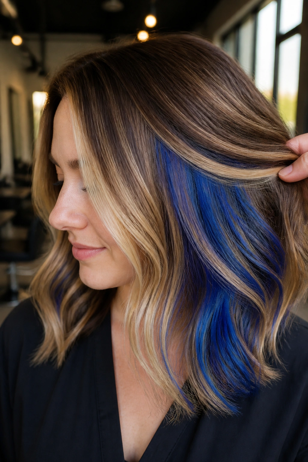 Close-up of a real woman showing hidden cobalt panels under blonde layers in brown hair.