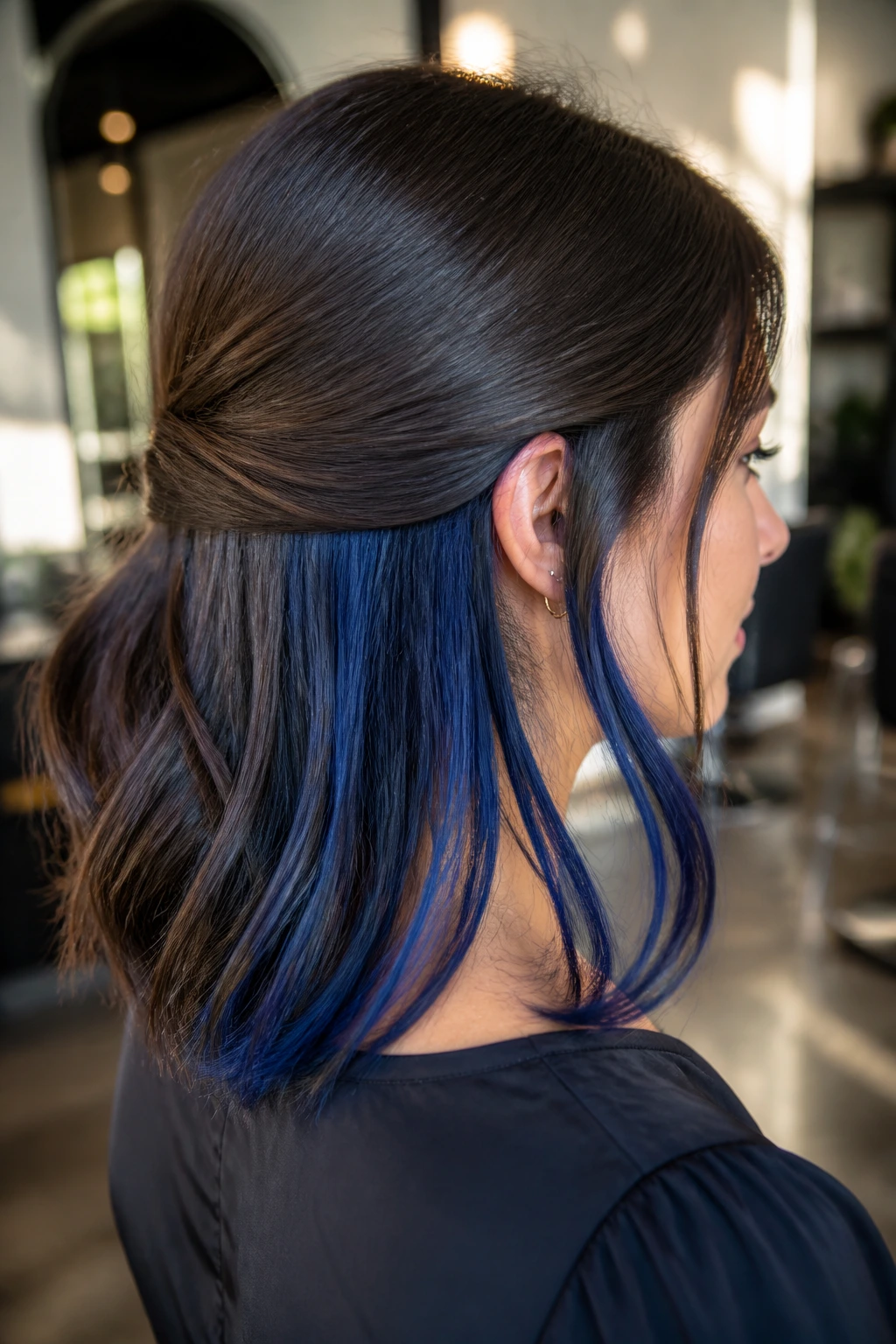 Close-up of brunette hair with cobalt peekaboo panels visible under the top layer.