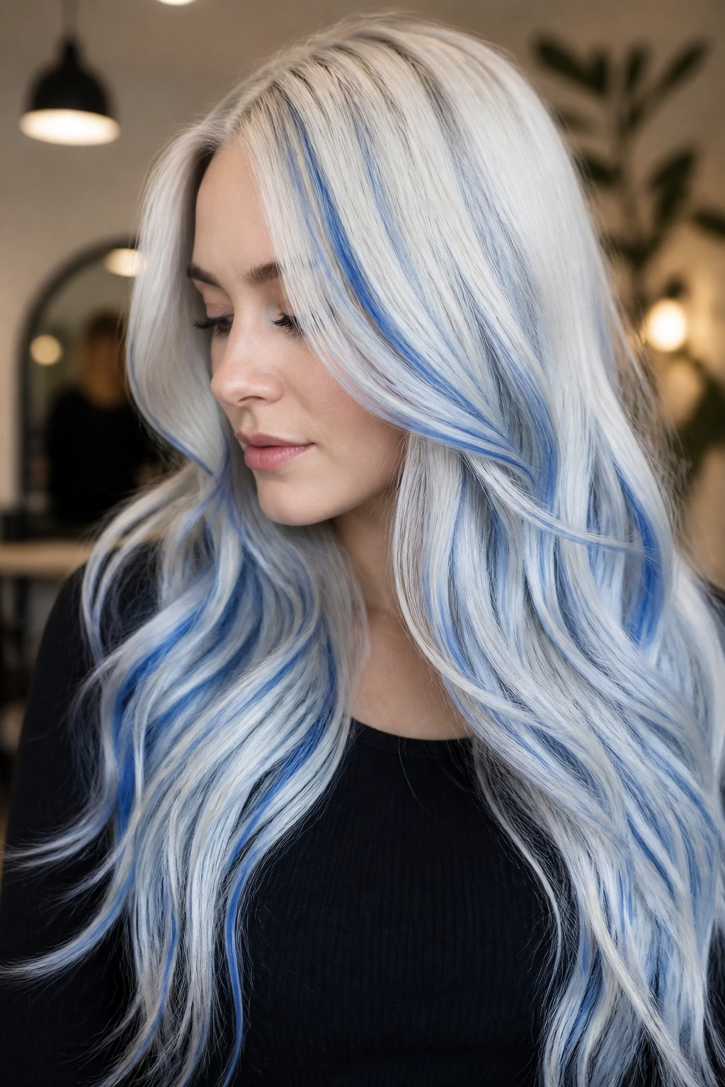 Close-up of a real woman with cobalt ribbon balayage on long hair in a salon.