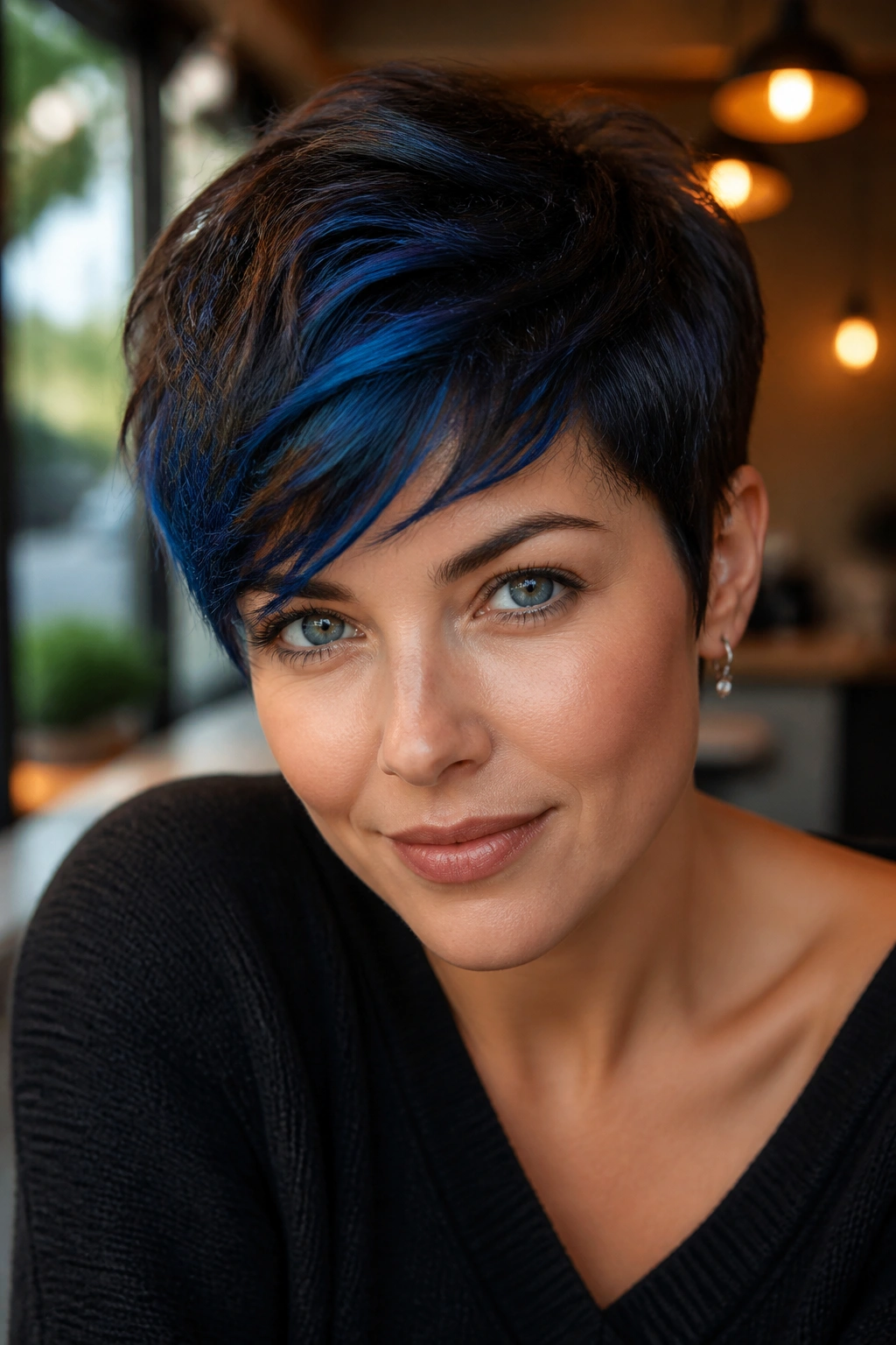Deep brown pixie with cobalt streaks on fringe and crown