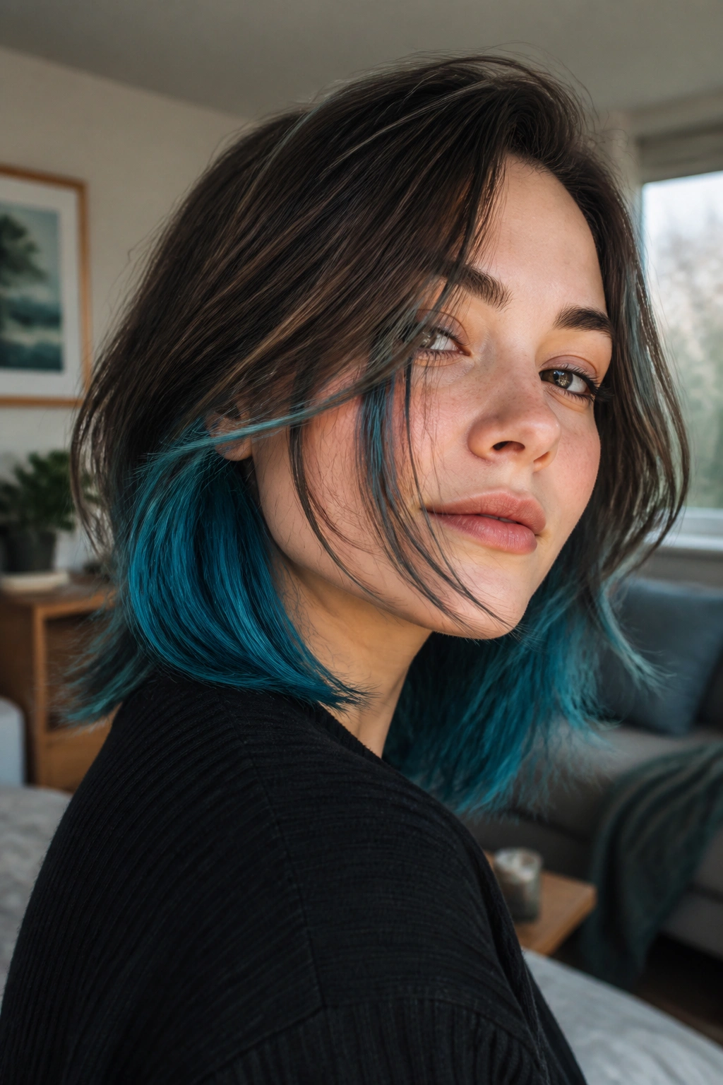 Close-up of person with cobalt-teal peekaboo underlayer