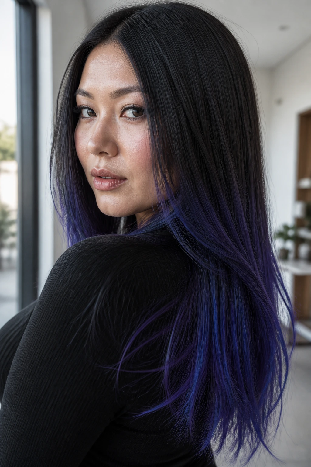 Close-up of a real woman with cobalt-violet twist in ash brown/black base