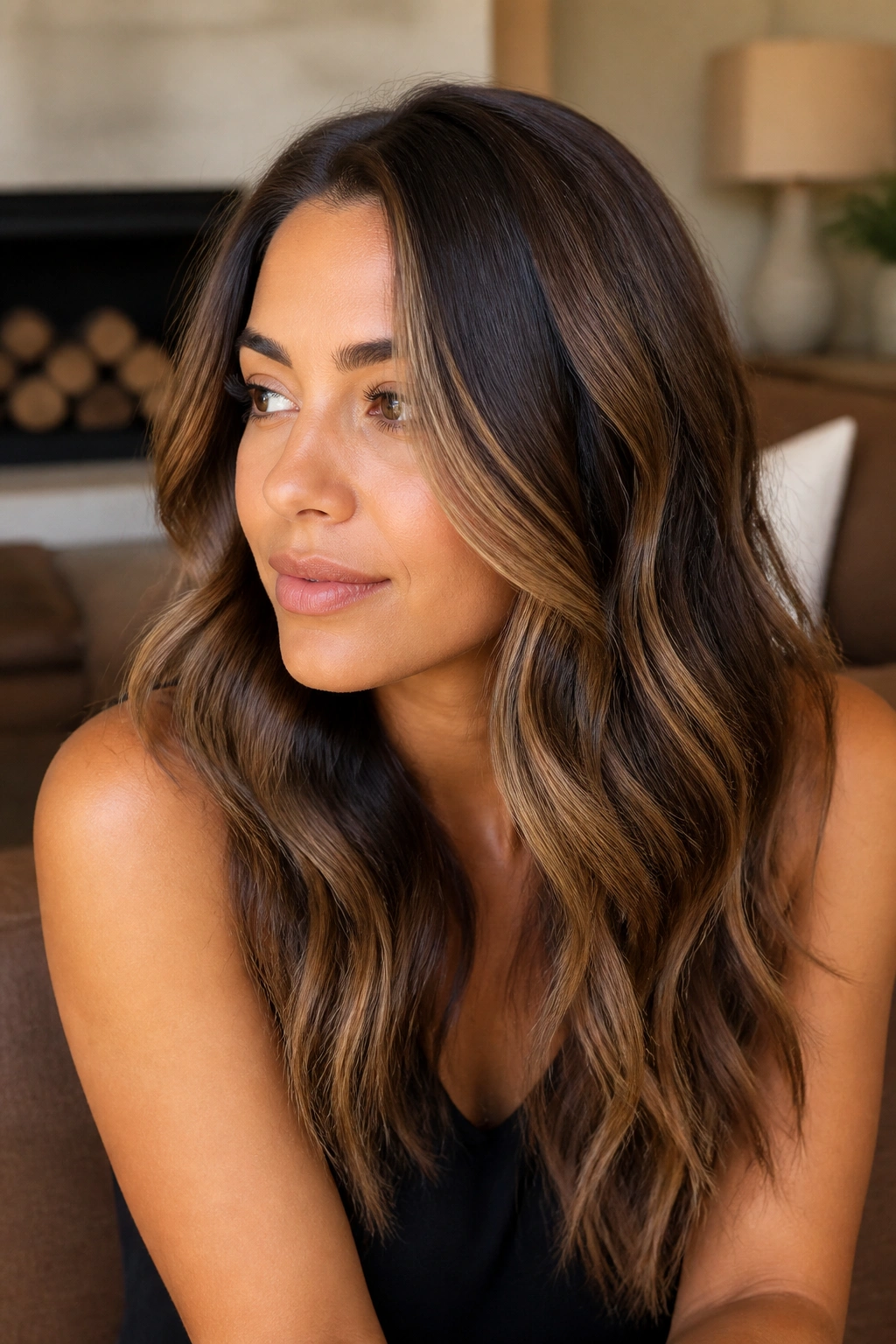 Close-up of real woman with cocoa and almond bronde balayage on brown hair.