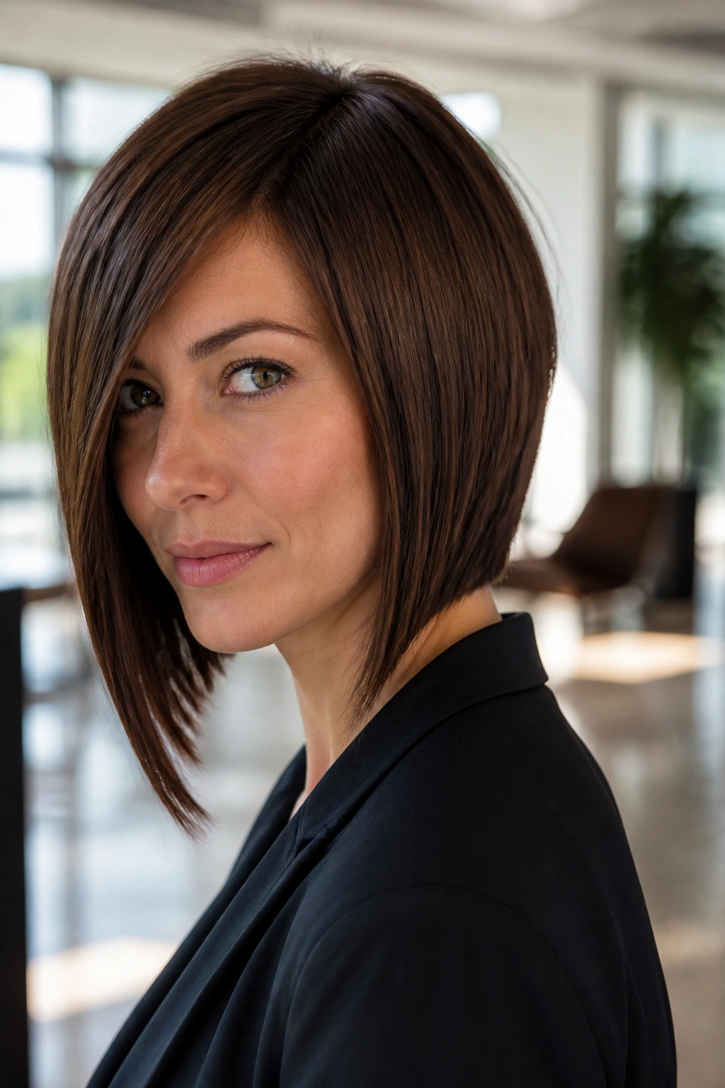 Close-up of a real woman with cocoa angled bob in a modern office lobby