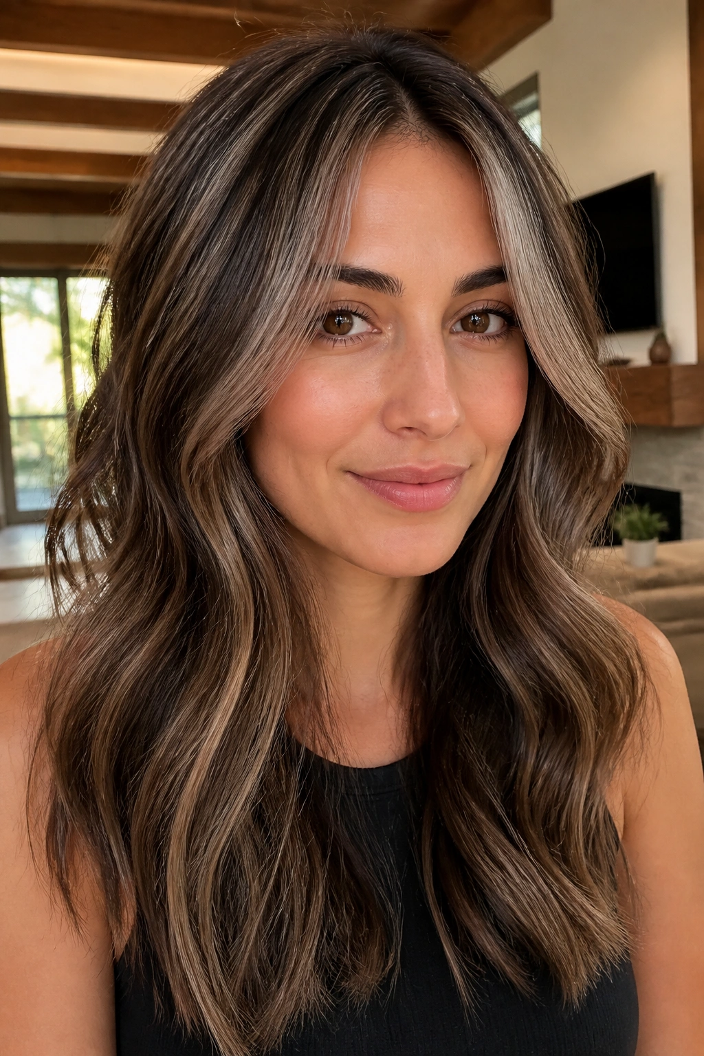 Real person with dimensional cocoa ash hair blend