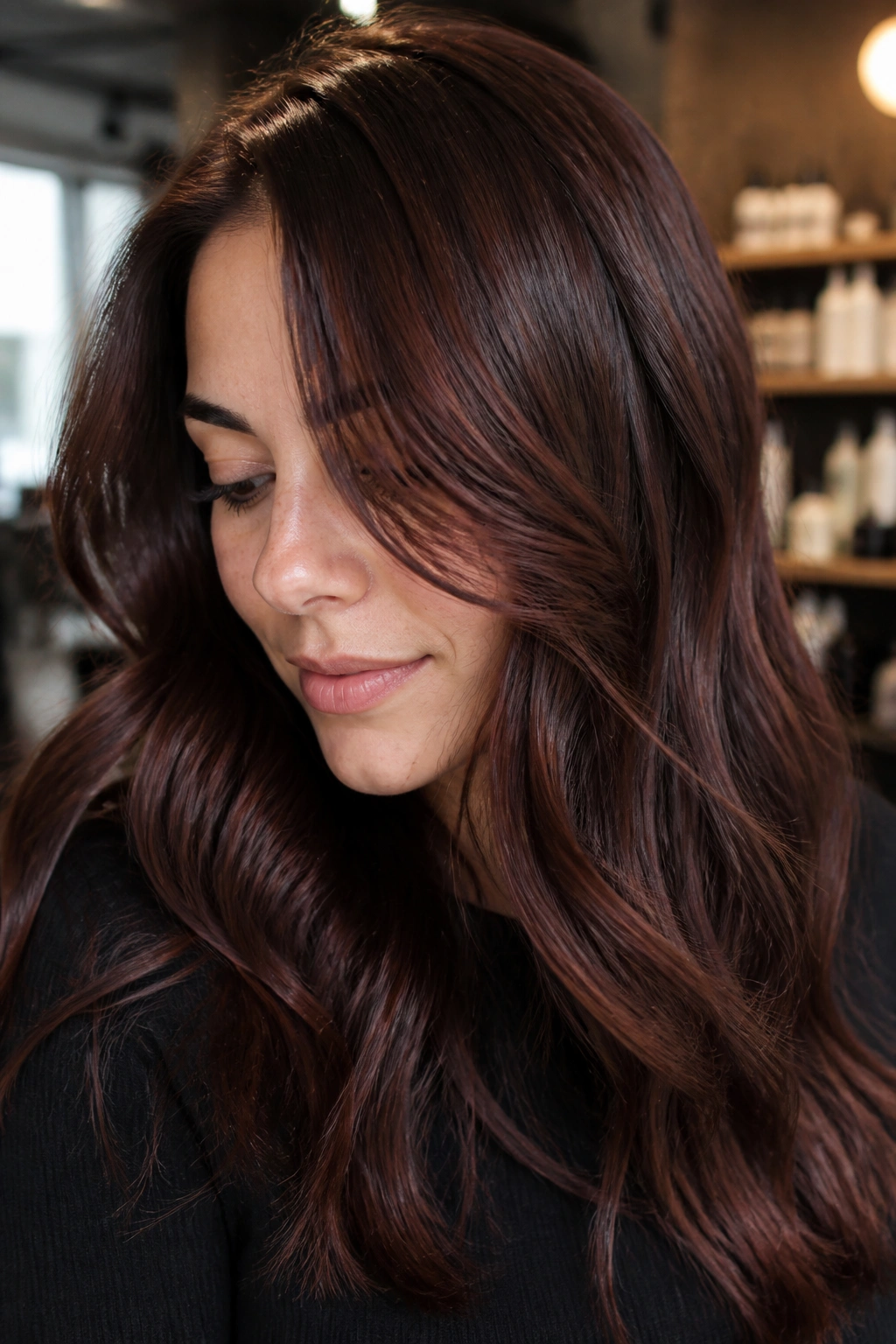 Close-up portrait of a woman with deep cocoa auburn glossy hair and red sheen