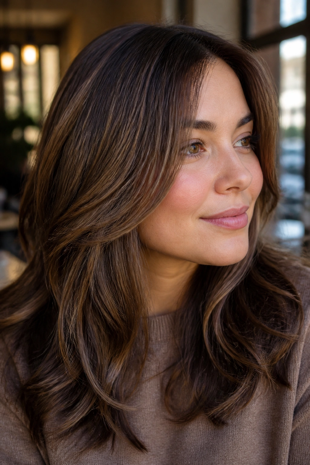Close-up of a real woman with cocoa babylights all over for dimension